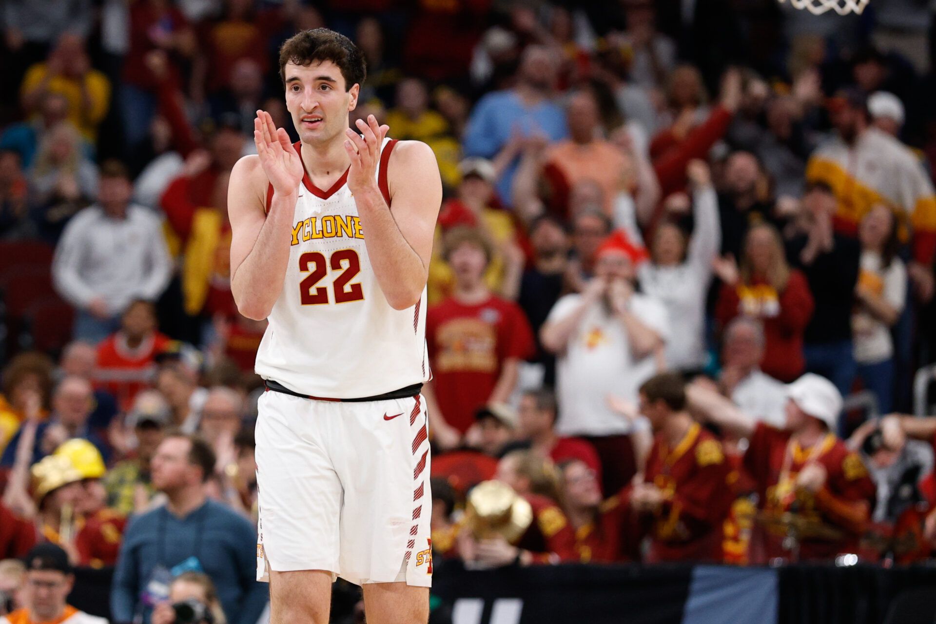 Iowa State Cyclones forward Milan Momcilovic (22) reacts in the first half against the Tennessee Volunteers during a Sweet Sixteen game of the Midwest Regional of the men's 2026 NCAA Tournament at United Center.