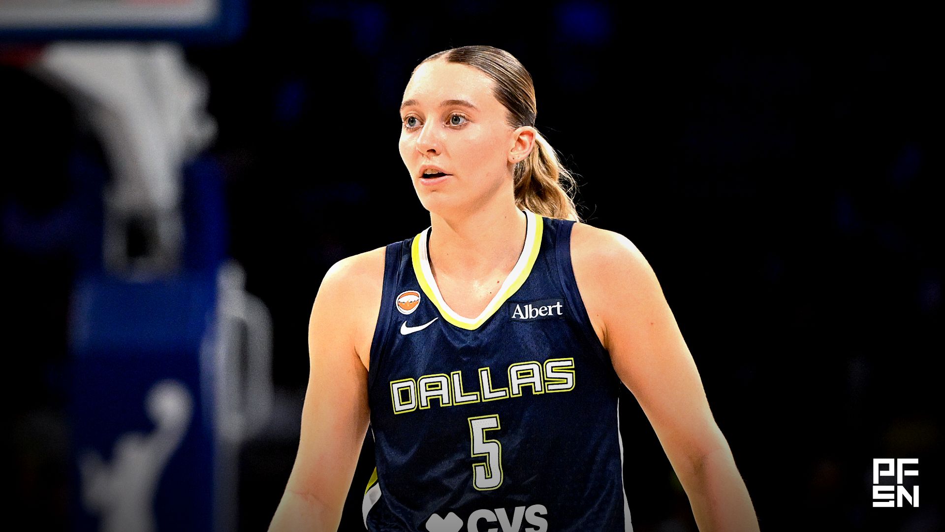 Dallas Wings guard Paige Bueckers (5) looks on during the second half against the Seattle Storm at College Park Center.