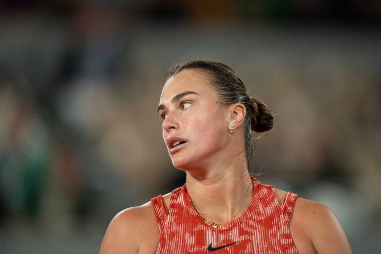 Aryna Sabalenka reacts during her match against Paula Badosa of Spain on day seven of Roland Garros at Stade Roland Garros.