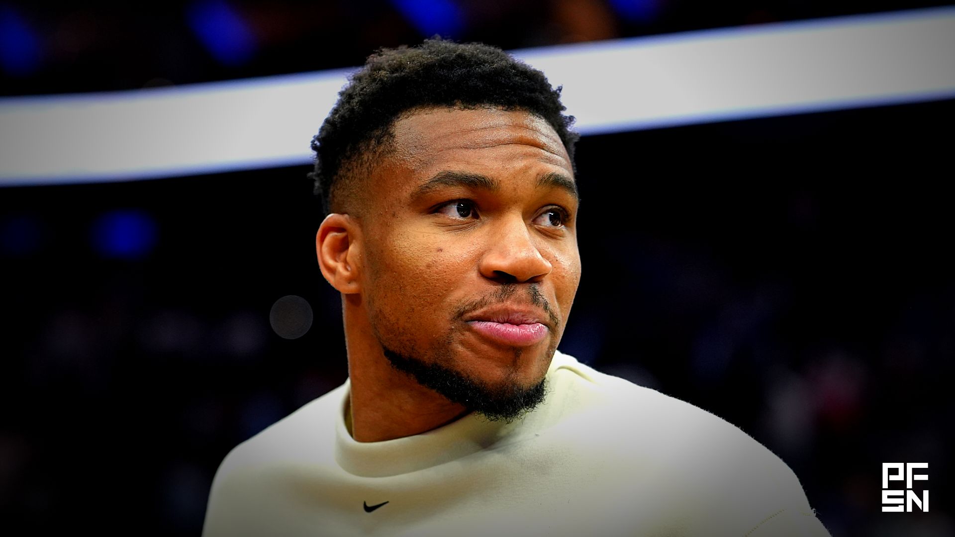 Milwaukee Bucks forward Giannis Antetokounmpo looks on after the game against the Philadelphia 76ers at Xfinity Mobile Arena.