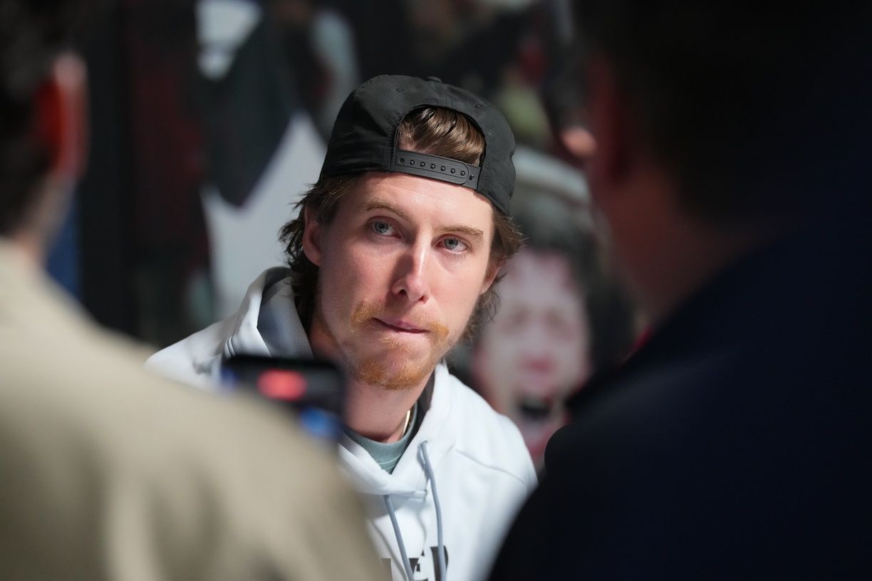 Vegas Golden Knights right wing Mitch Marner (93) during media day for the 2026 Stanley Cup Final at Lenovo Center.