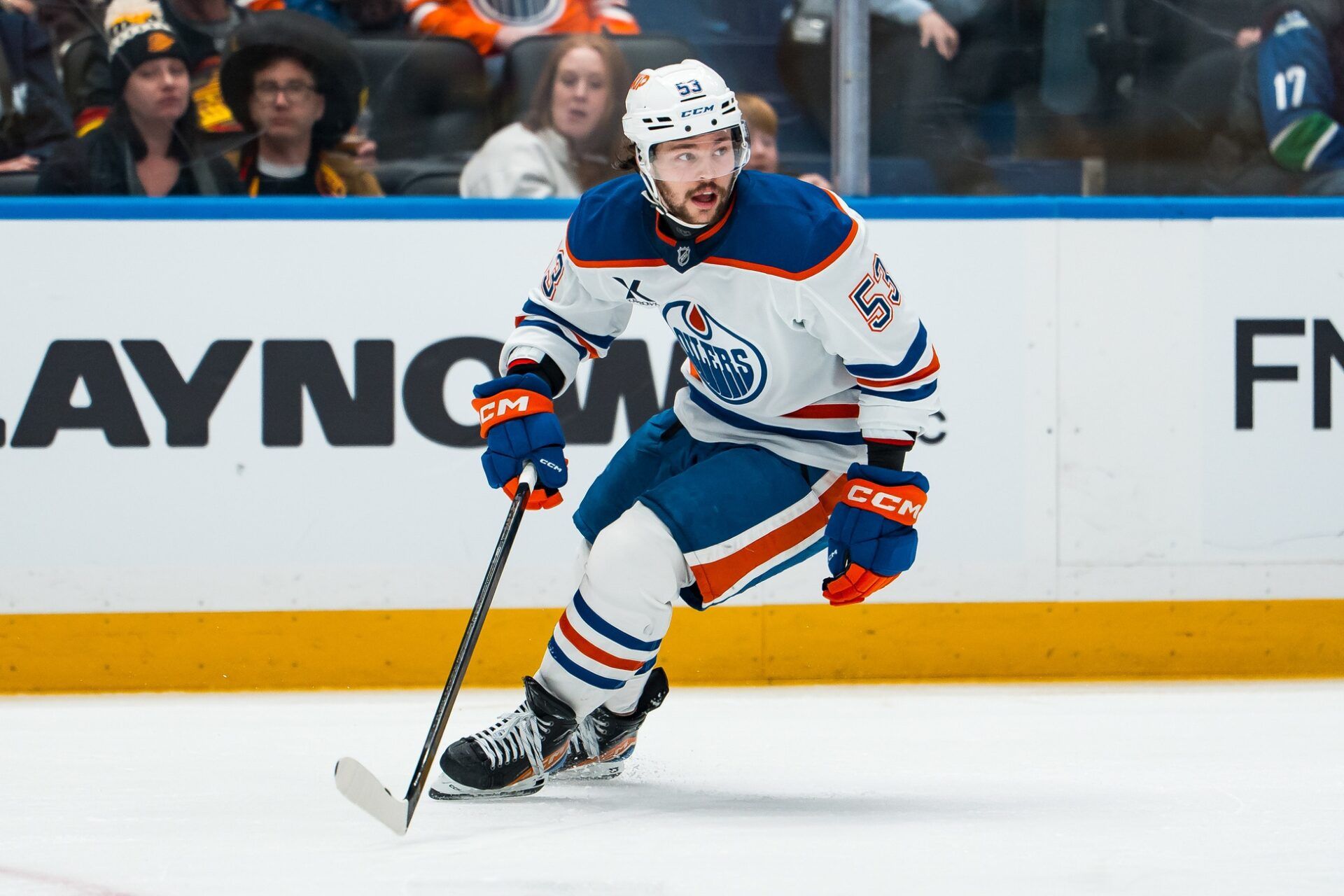 Edmonton Oilers forward Isaac Howard (53) skates against the Vancouver Canucks in the third period at Rogers Arena.