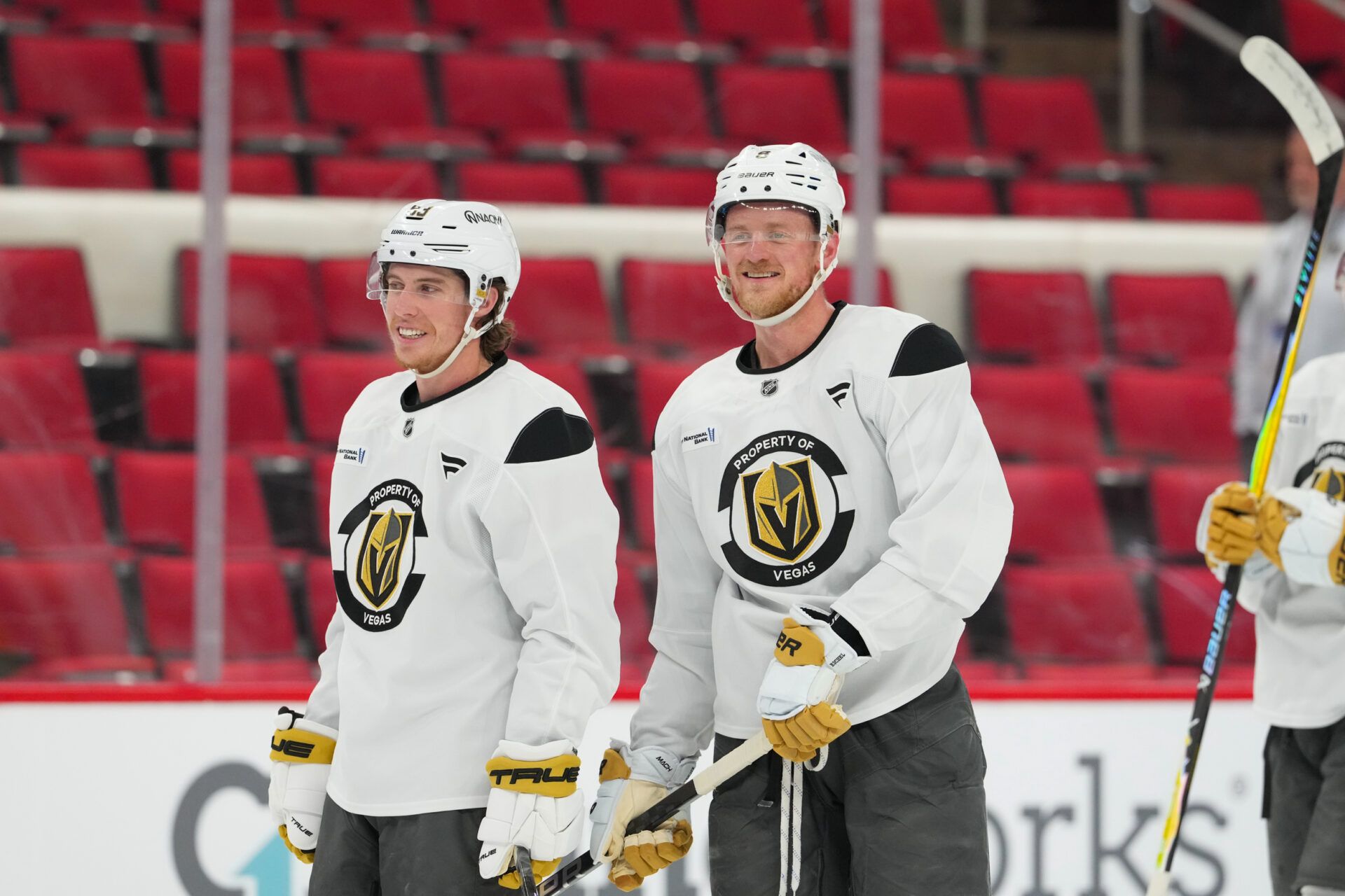 Vegas Golden Knights center Jack Eichel (9) and  Vegas Golden Knights right wing Mitch Marner (93) looks on during the practice during media day for the 2026 Stanley Cup Final at Lenovo Center.