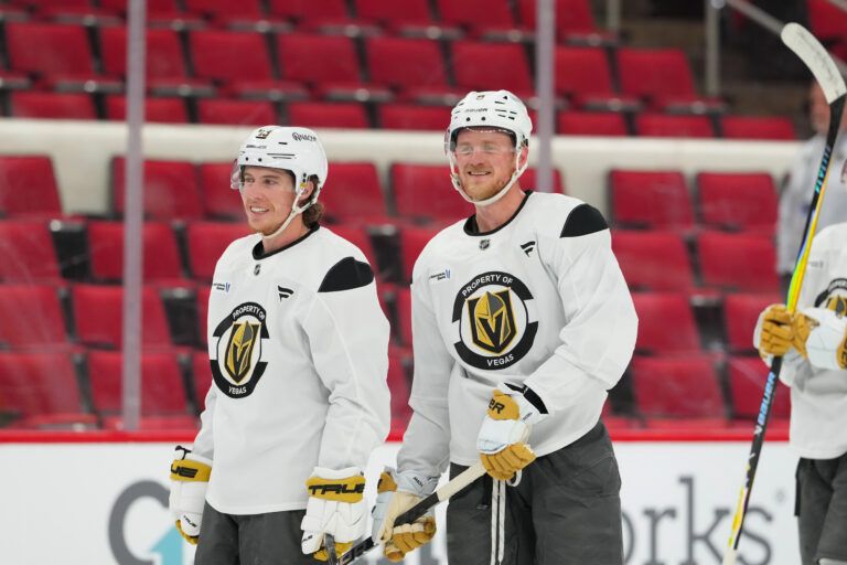 Vegas Golden Knights center Jack Eichel (9) and  Vegas Golden Knights right wing Mitch Marner (93) looks on during the practice during media day for the 2026 Stanley Cup Final at Lenovo Center.