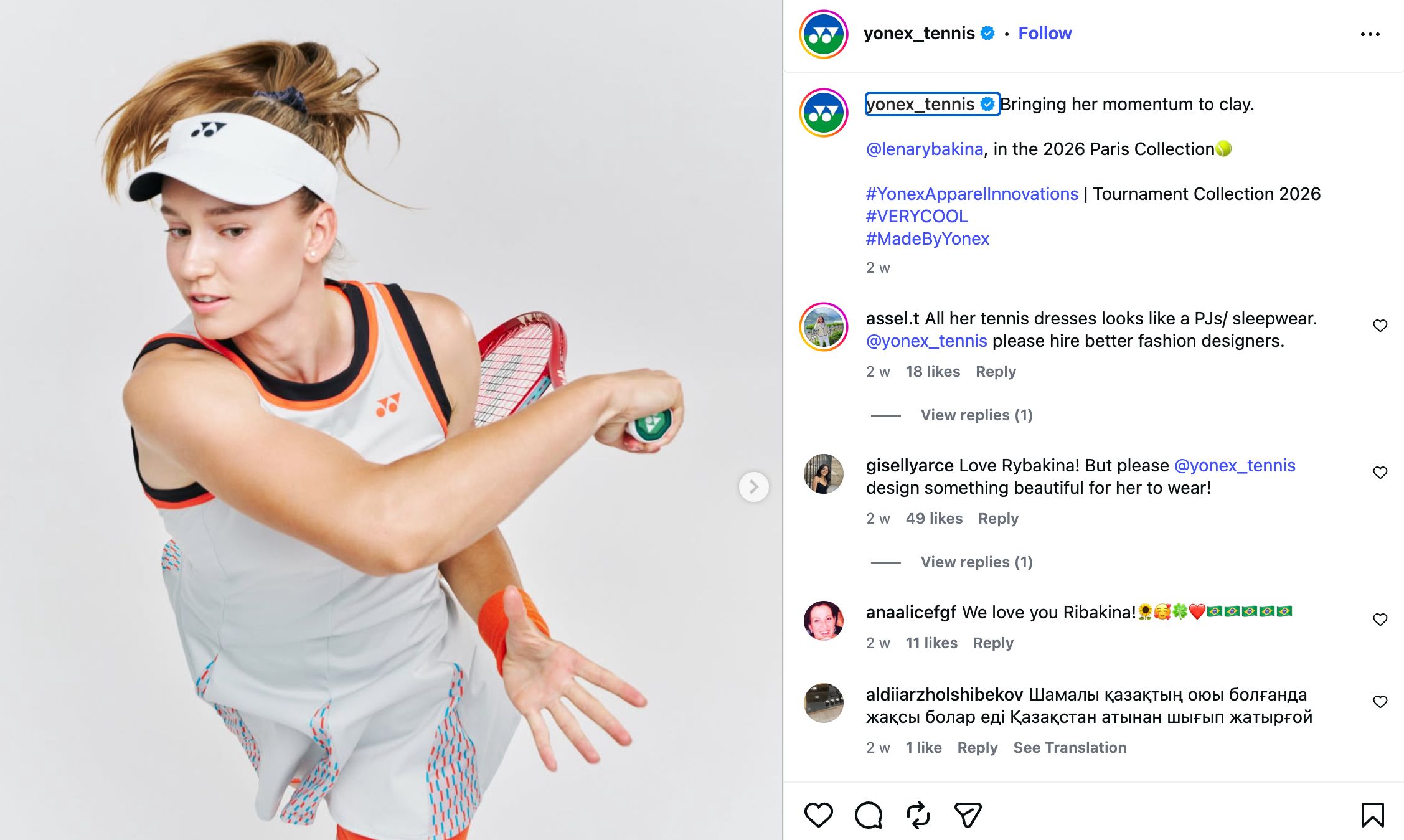 Screengrab of Yonex Tennis' Instagram Post
