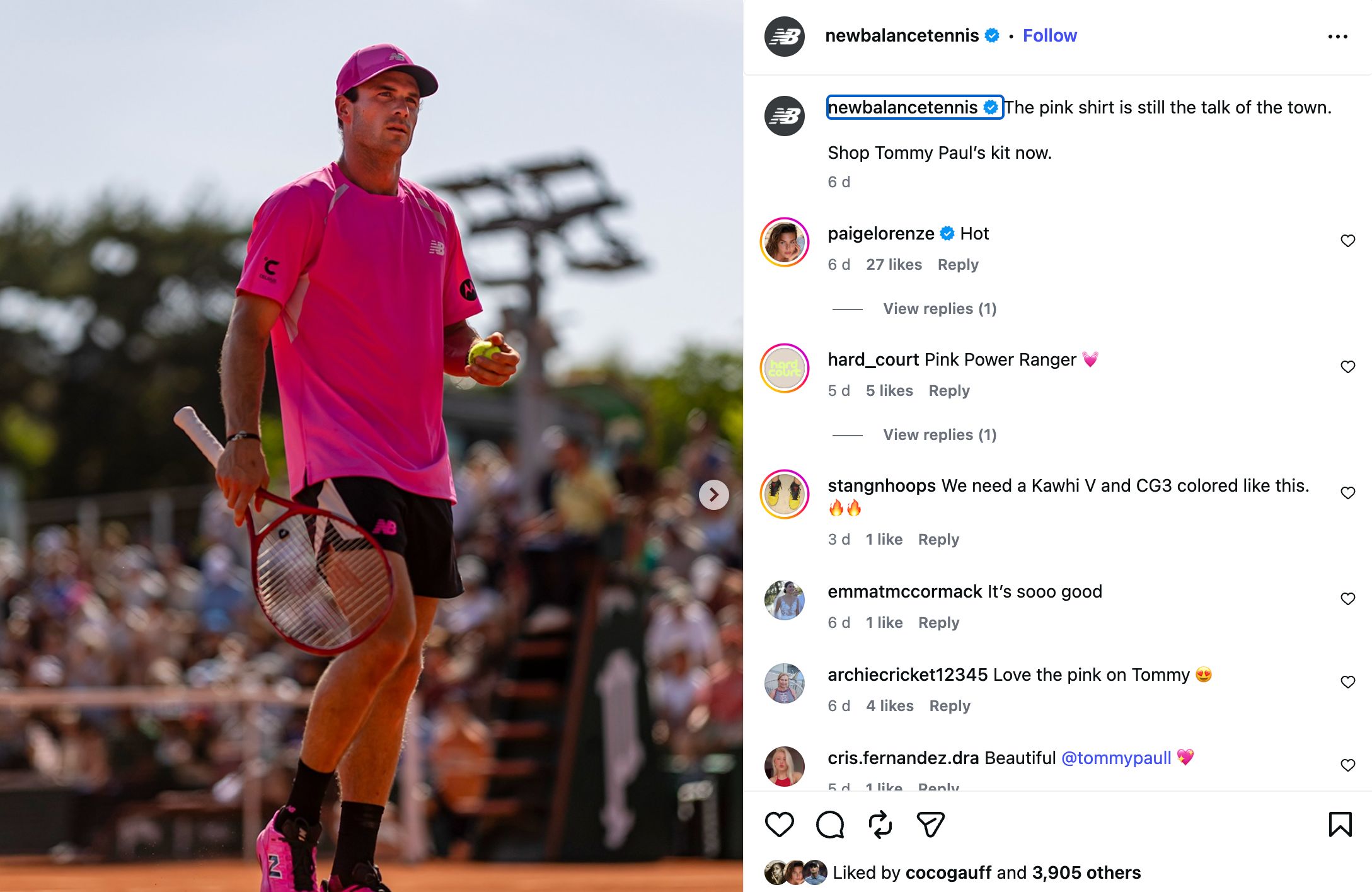 Screengrab of New Balance Tennis' Instagram Post