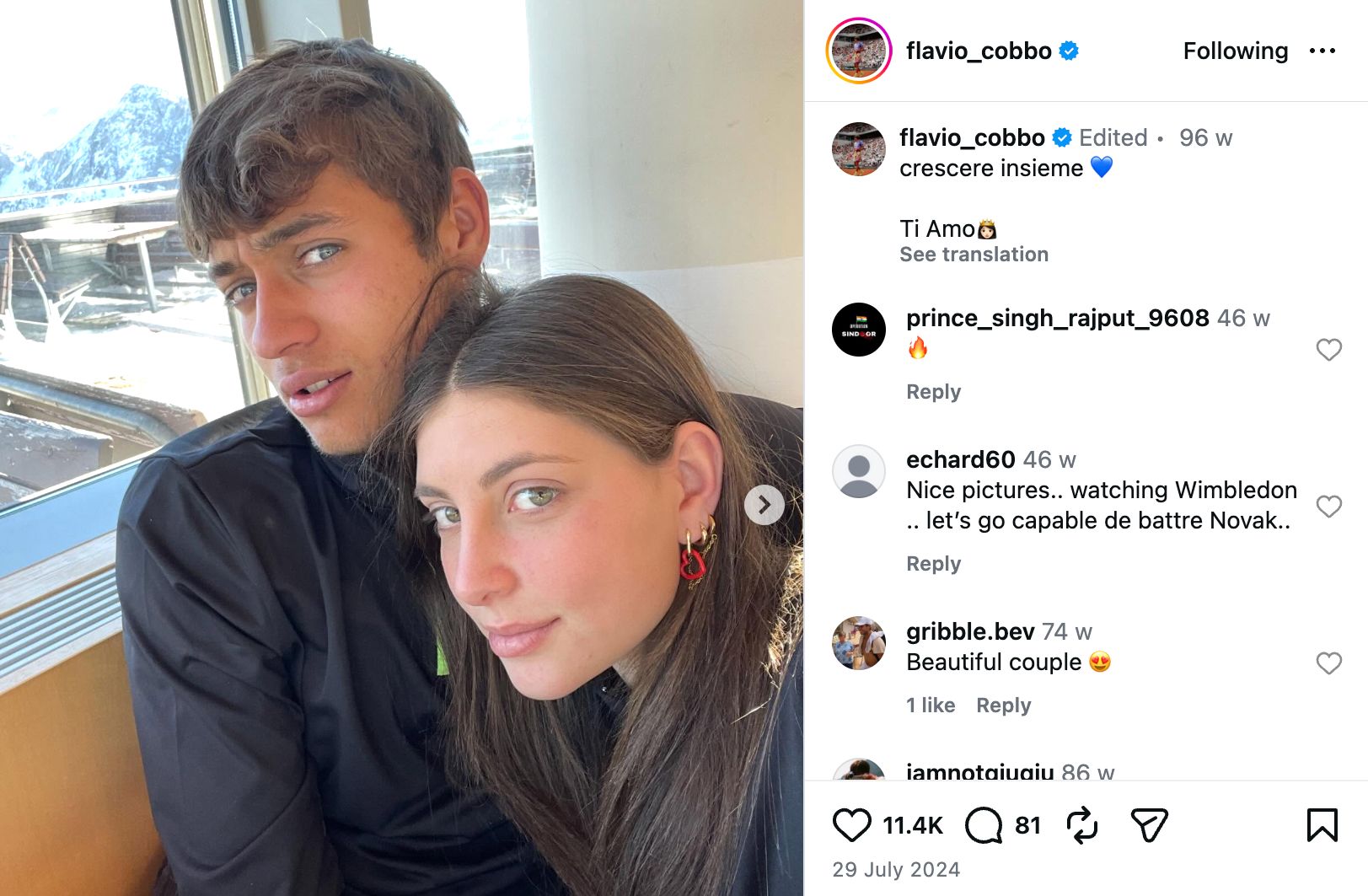 Screengrab of Flavio Cobolli's Instagram Post