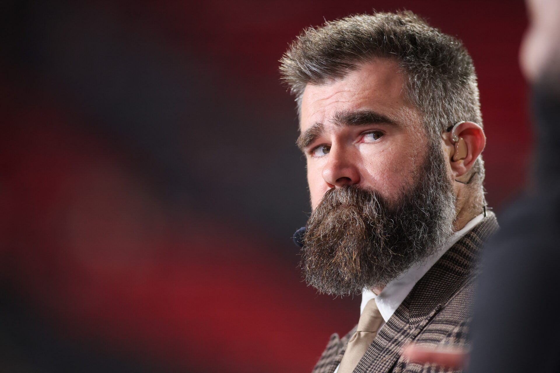 ESPN analyst Jason Kelce on the field before a game between the Atlanta Falcons and Los Angeles Rams at Mercedes-Benz Stadium.