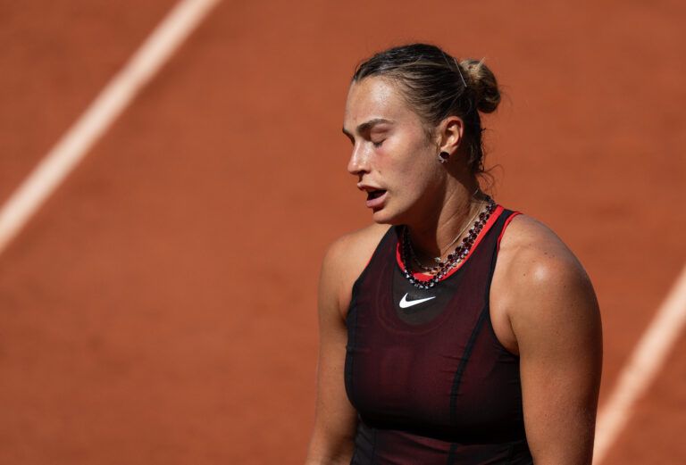 Aryna Sabalenka reacts during her match against Daria Kasatkina of Australia on day seven at Stade Roland Garros.