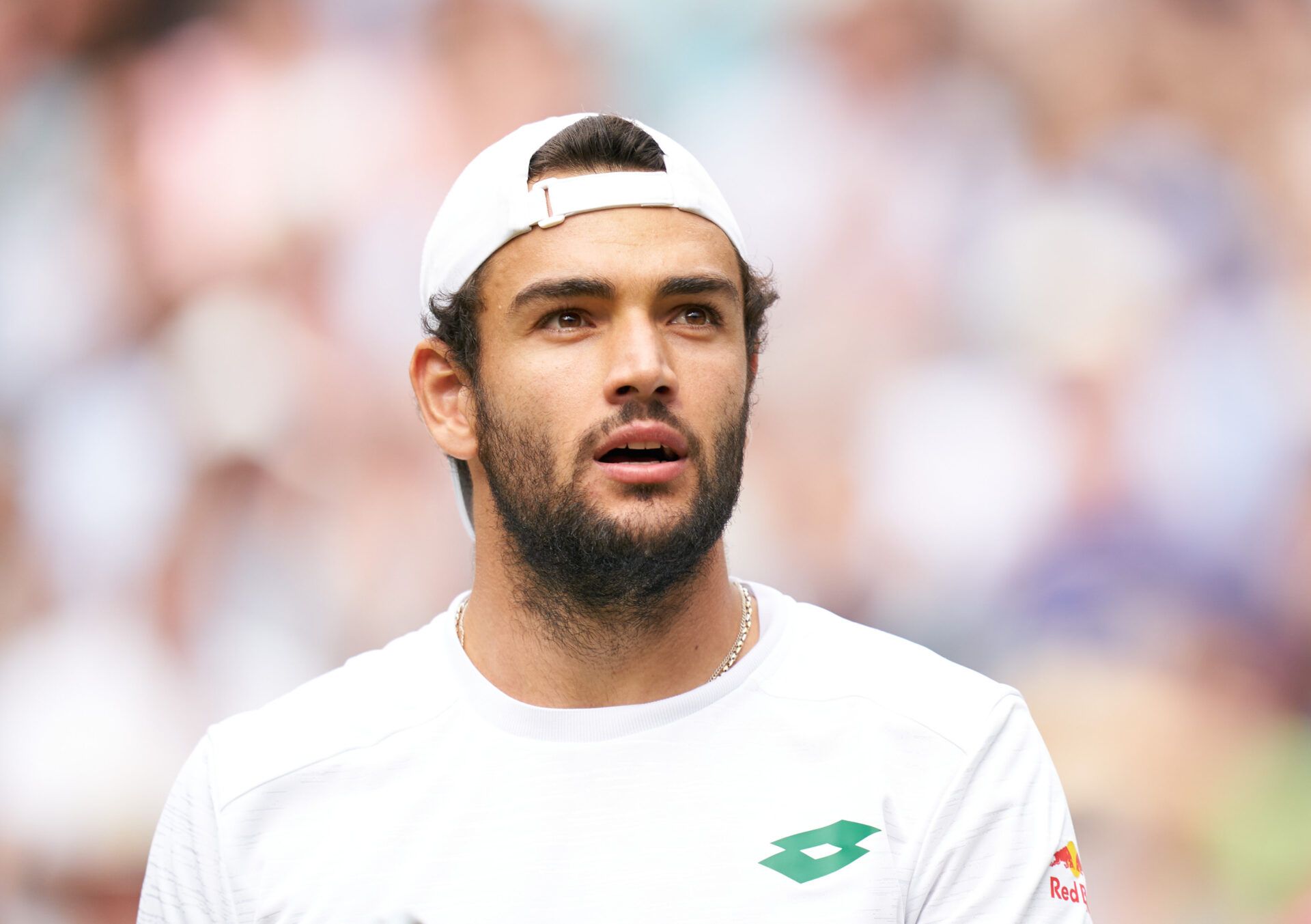 Matteo Berrettini (ITA) celebrates winning his semi final against Hubert Hurkacz (POL)  at All England Lawn Tennis and Croquet Club.