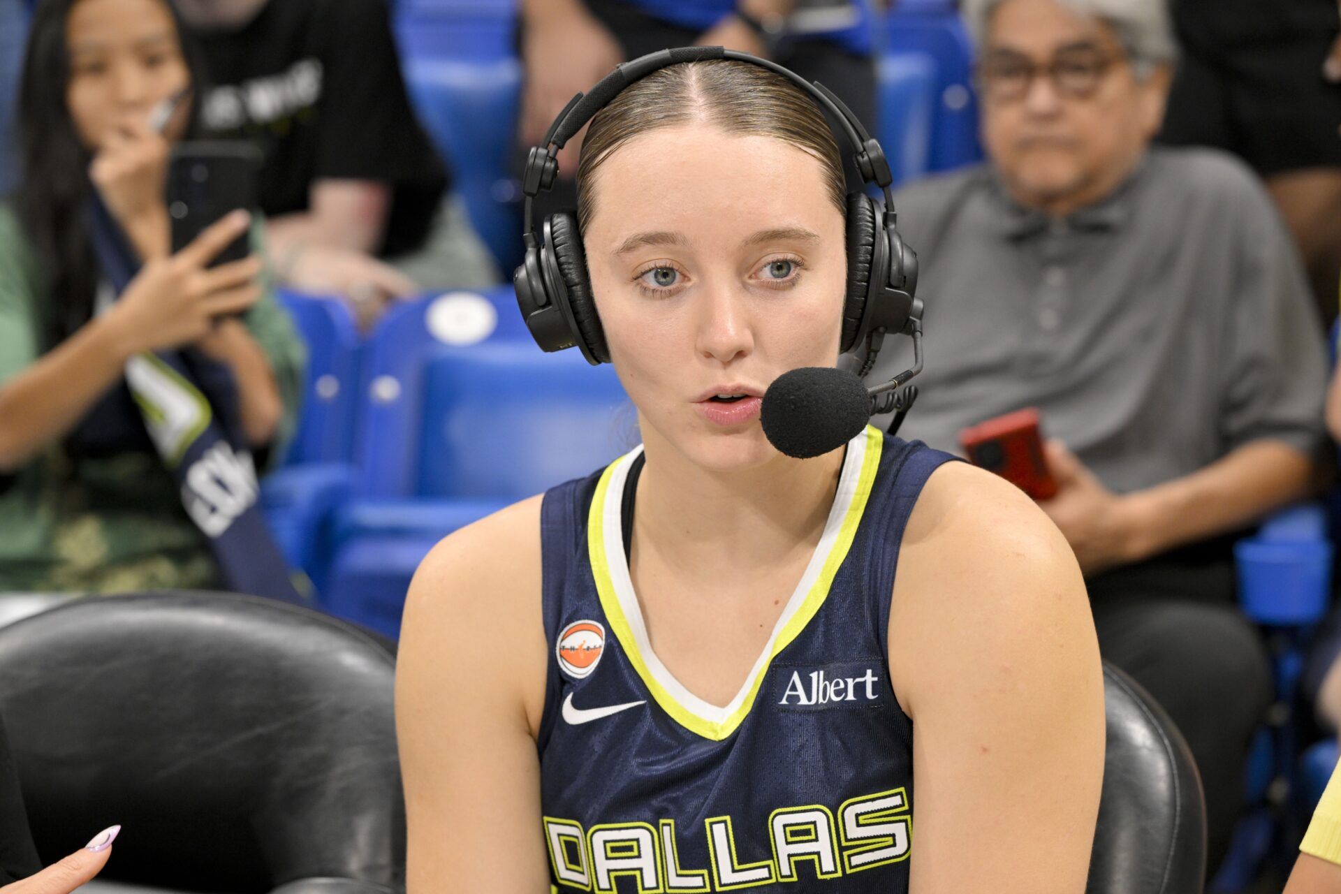 Dallas Wings guard Paige Bueckers (5) is interviewed after the game against the Seattle Storm at College Park Center.