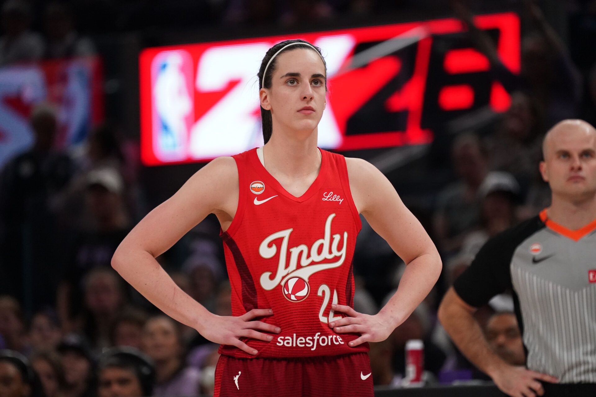 Indiana Fever guard Caitlin Clark (22) waits for play to resume during a game against the Golden State Valkyries in the fourth quarter at Chase Center.