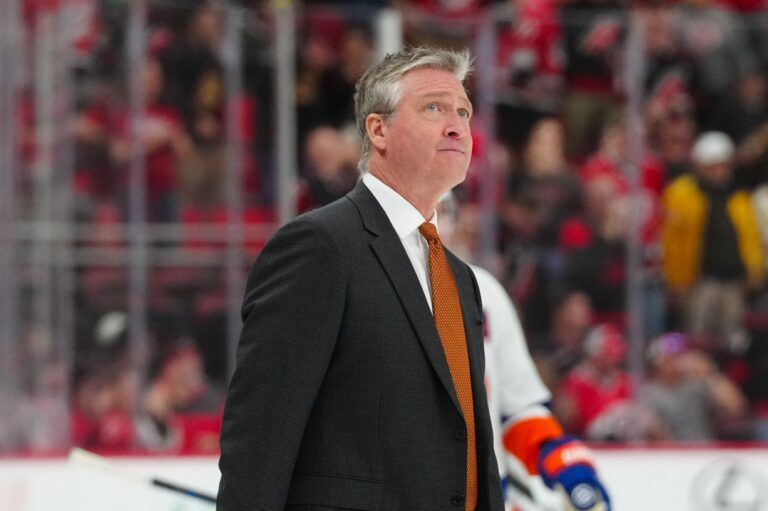 New York Islanders head coach Patrick Roy walks off the ice after their loss to the Carolina Hurricanes at Lenovo Center.