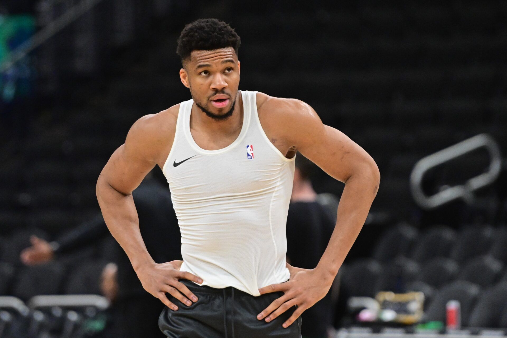 Milwaukee Bucks forward Giannis Antetokounmpo (34) warms up before the game against the Boston Celtics at Fiserv Forum.