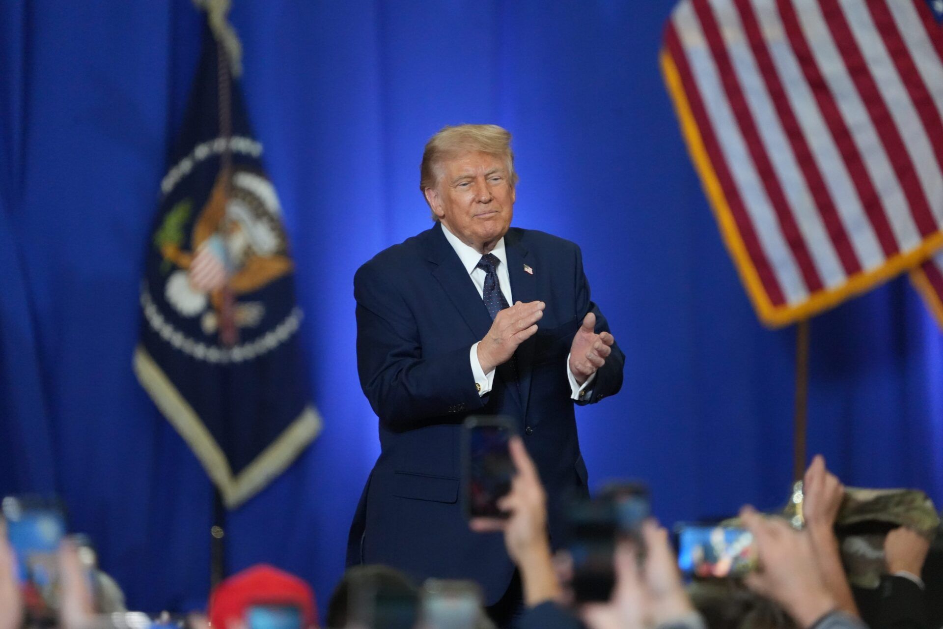 President Donald J. Trump is cheered by the crowd as he leaves a rally in the fieldhouse at Rockland Community College May 22, 2026.