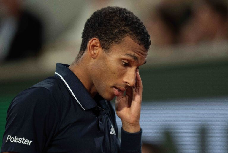Felix Auger-Aliassime of Canada reacts during  his match against Flavio Cobolli of Italy on day 11 at Stade Roland Garros.