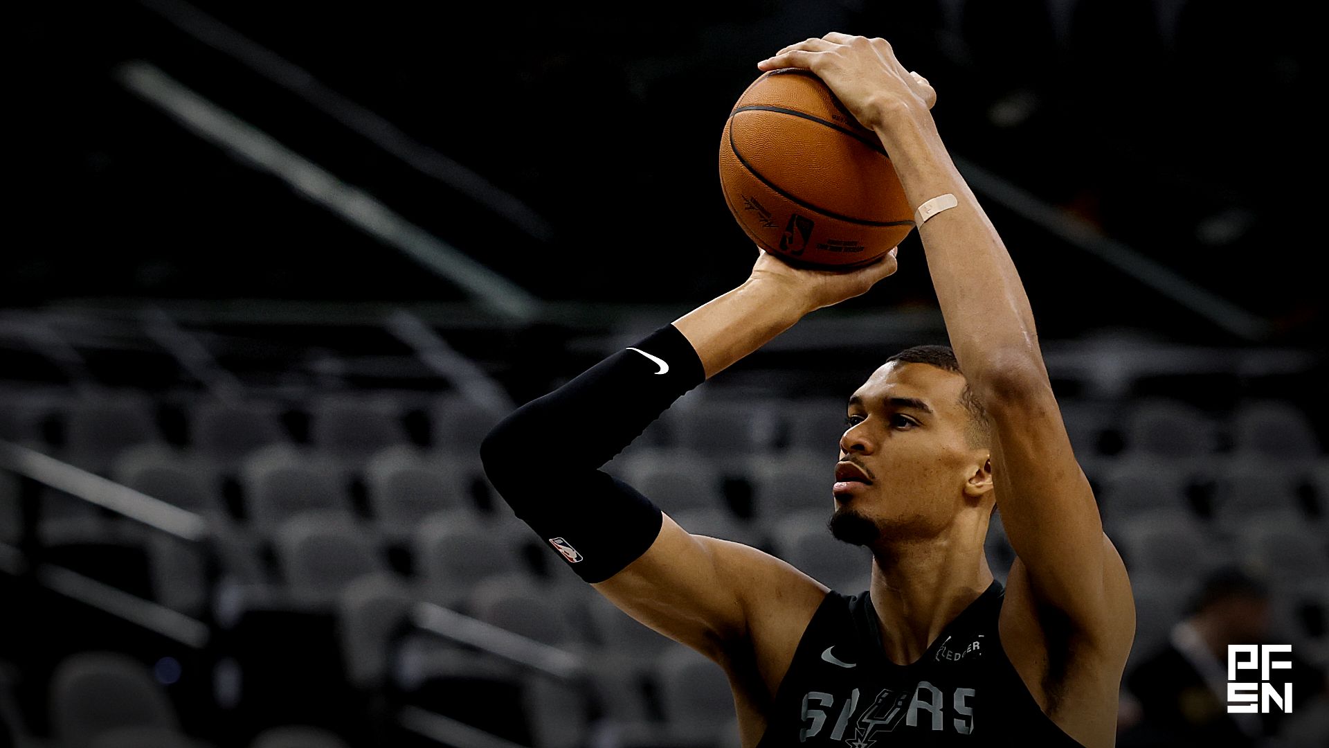 San Antonio Spurs forward Victor Wembanyama shoots a free throw during Spurs practice on Media Day for the 2026 NBA Finals at Frost Bank Center.