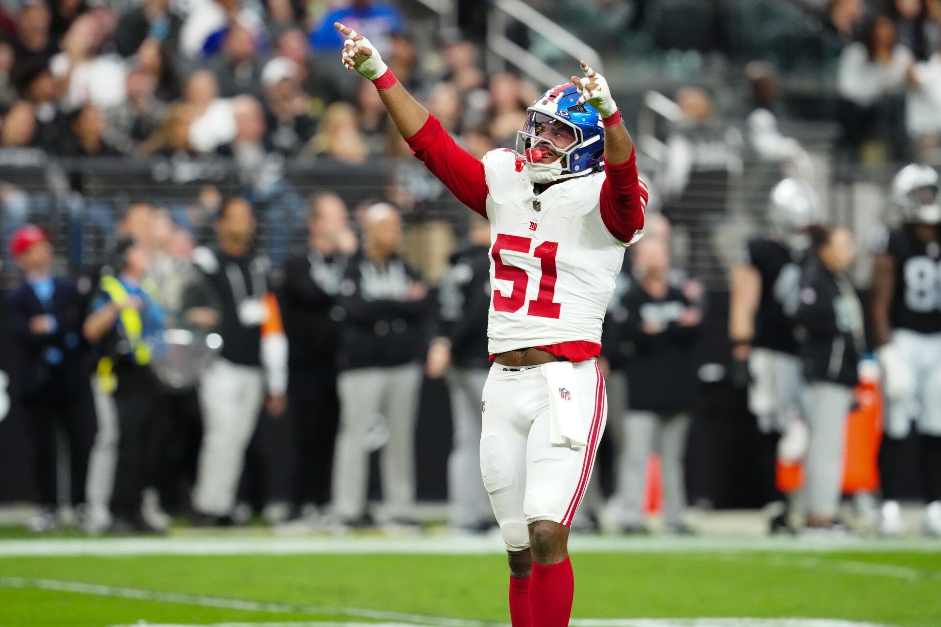 New York Giants outside linebacker Abdul Carter (51) reacts in the second quarter against the Las Vegas Raiders at Allegiant Stadium.