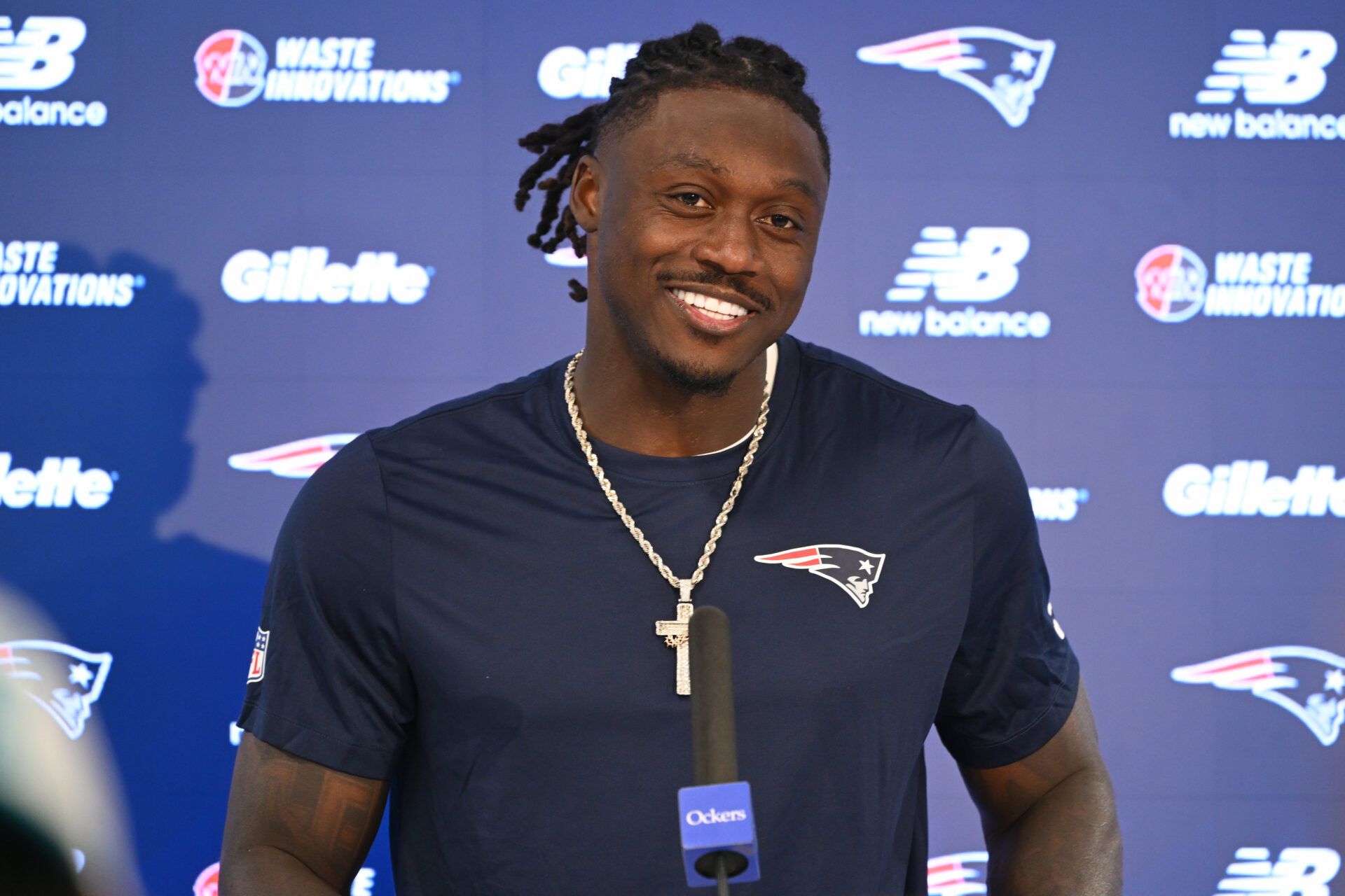 New England Patriots wide receiver A.J. Brown (1) speaks at a press conference after  practice at the team's OTA at Gillette Stadium.