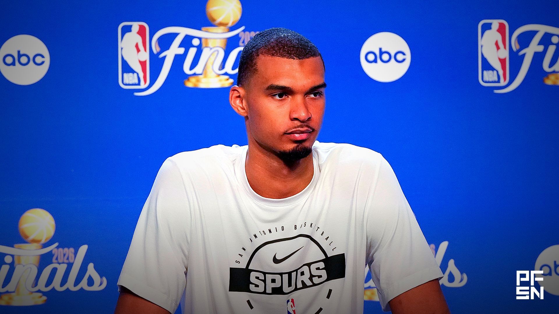 San Antonio Spurs forward Victor Wembanyama speaks to the media after game one of the 2026 NBA Finals at Frost Bank Center.