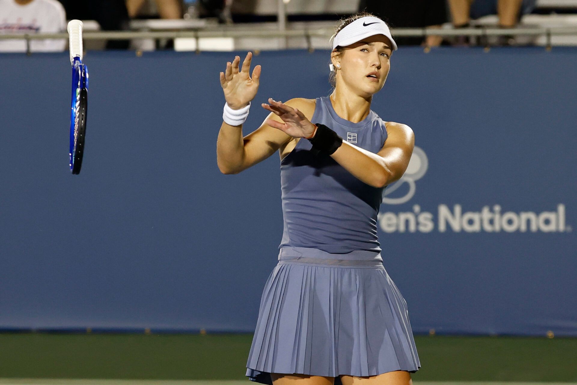Anna Kalinskaya bounces her racquet after missing a shot against Clara Tauson (DEN)(not pictured) in a women's singles quarter final of the Mubadala Citi DC Open at Rock Creek Park Tennis Center.
