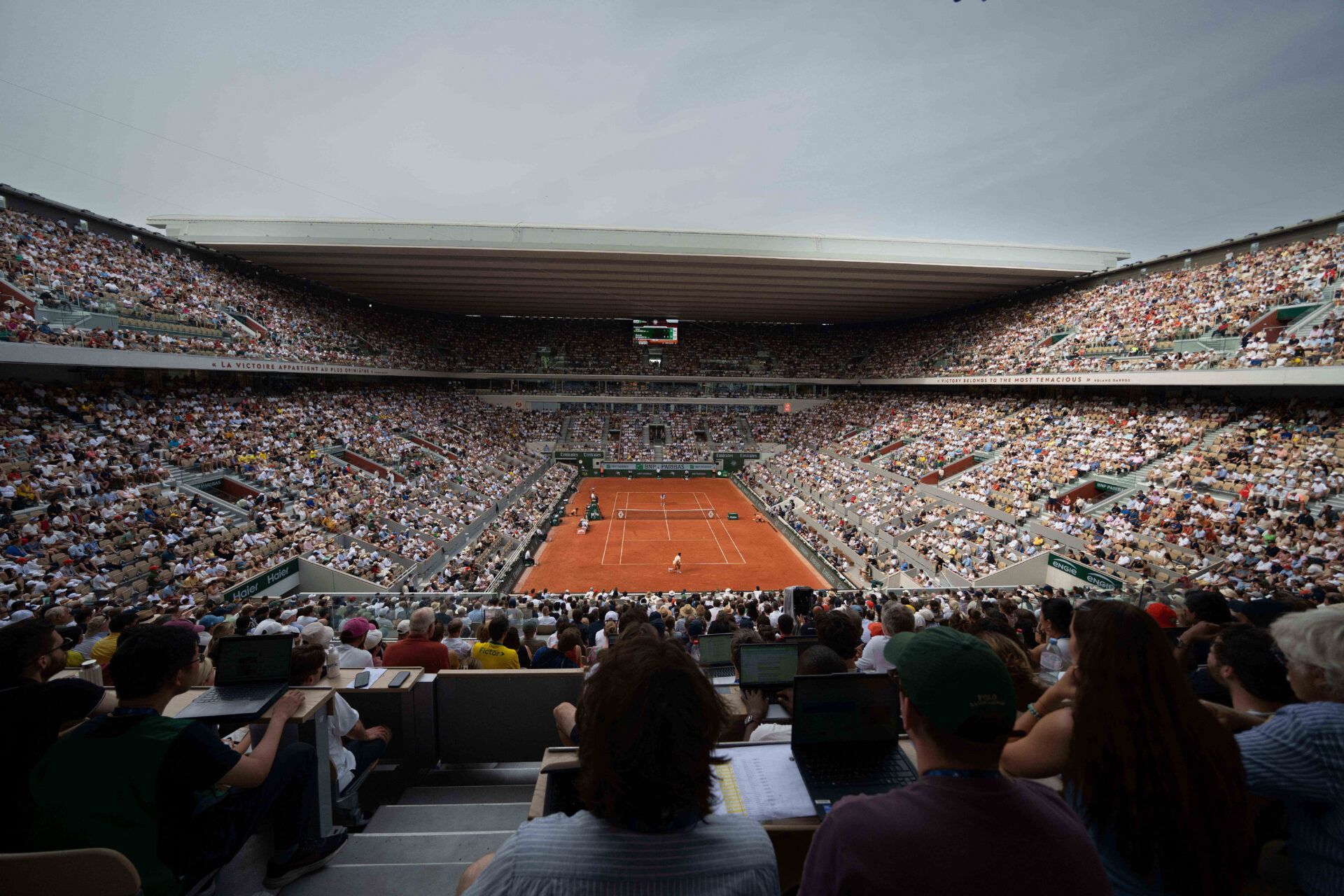 General view of Court Philippe-Chatrier during the Novak Djokovic of Serbia and Joao Fonseca of Brazil match on day six at Stade Roland Garros.