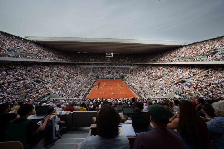 General view of Court Philippe-Chatrier during the Novak Djokovic of Serbia and Joao Fonseca of Brazil match on day six at Stade Roland Garros.