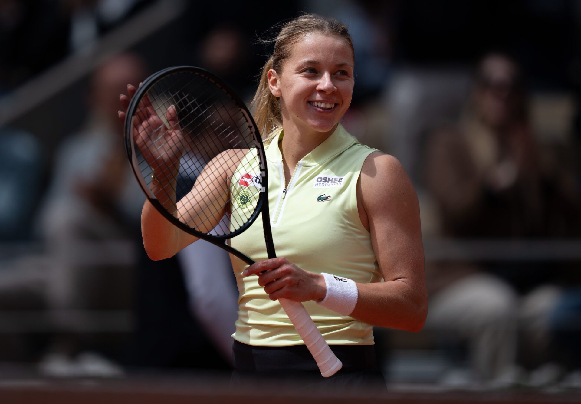 Maja Chwalinska of Poland celebrates winning her match against Anna Kalinskaya on day 10 at Stade Roland Garros.