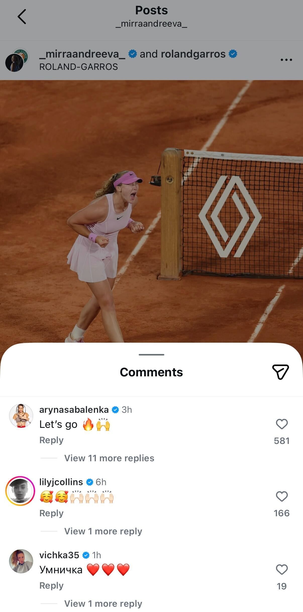 Aryna Sabalenka's Comment on Mirra Andreeva's Instagram Post