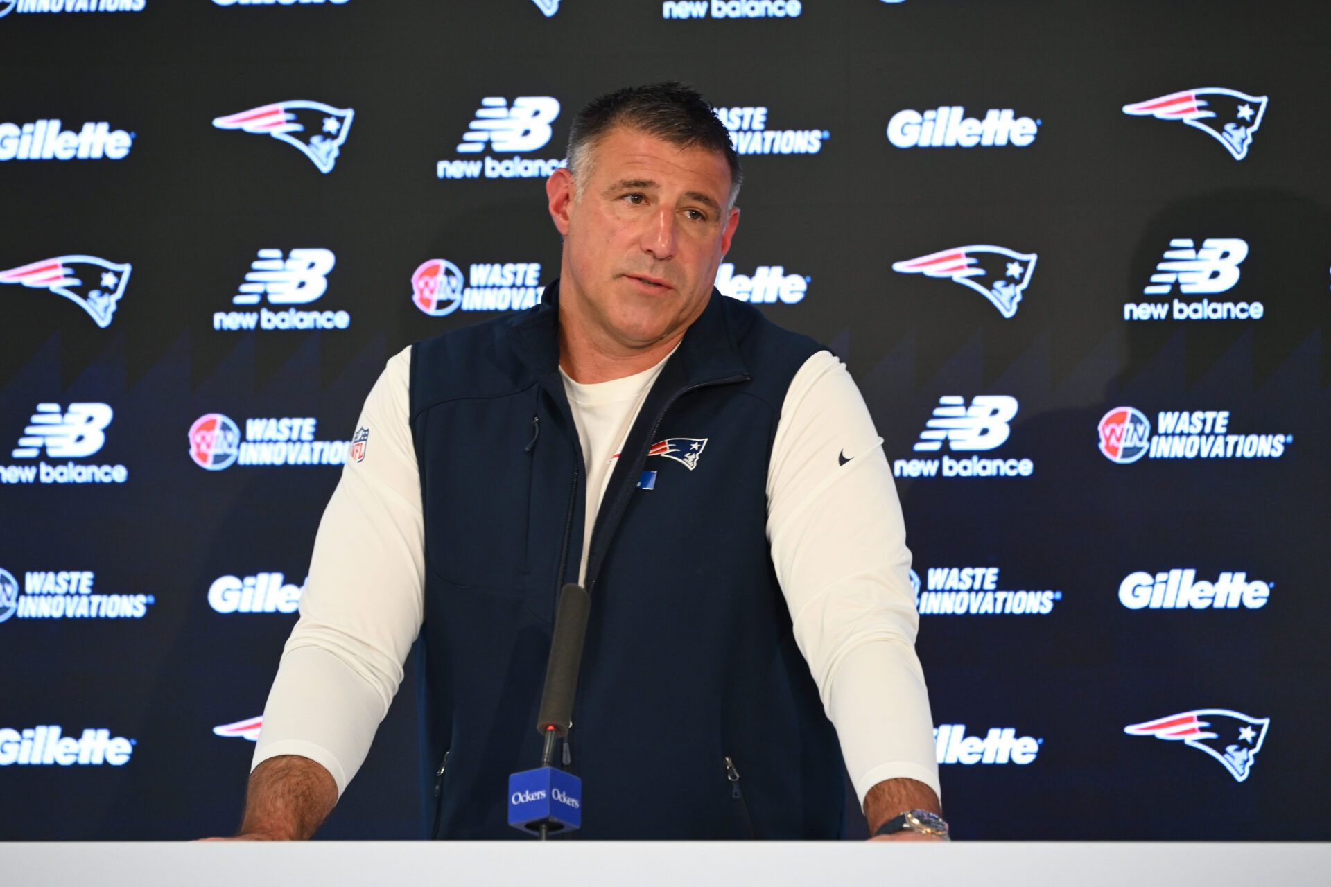 New England Patriots head coach Mike Vrabel holds a press conference before the start of practices at the team's OTA at Gillette Stadium.