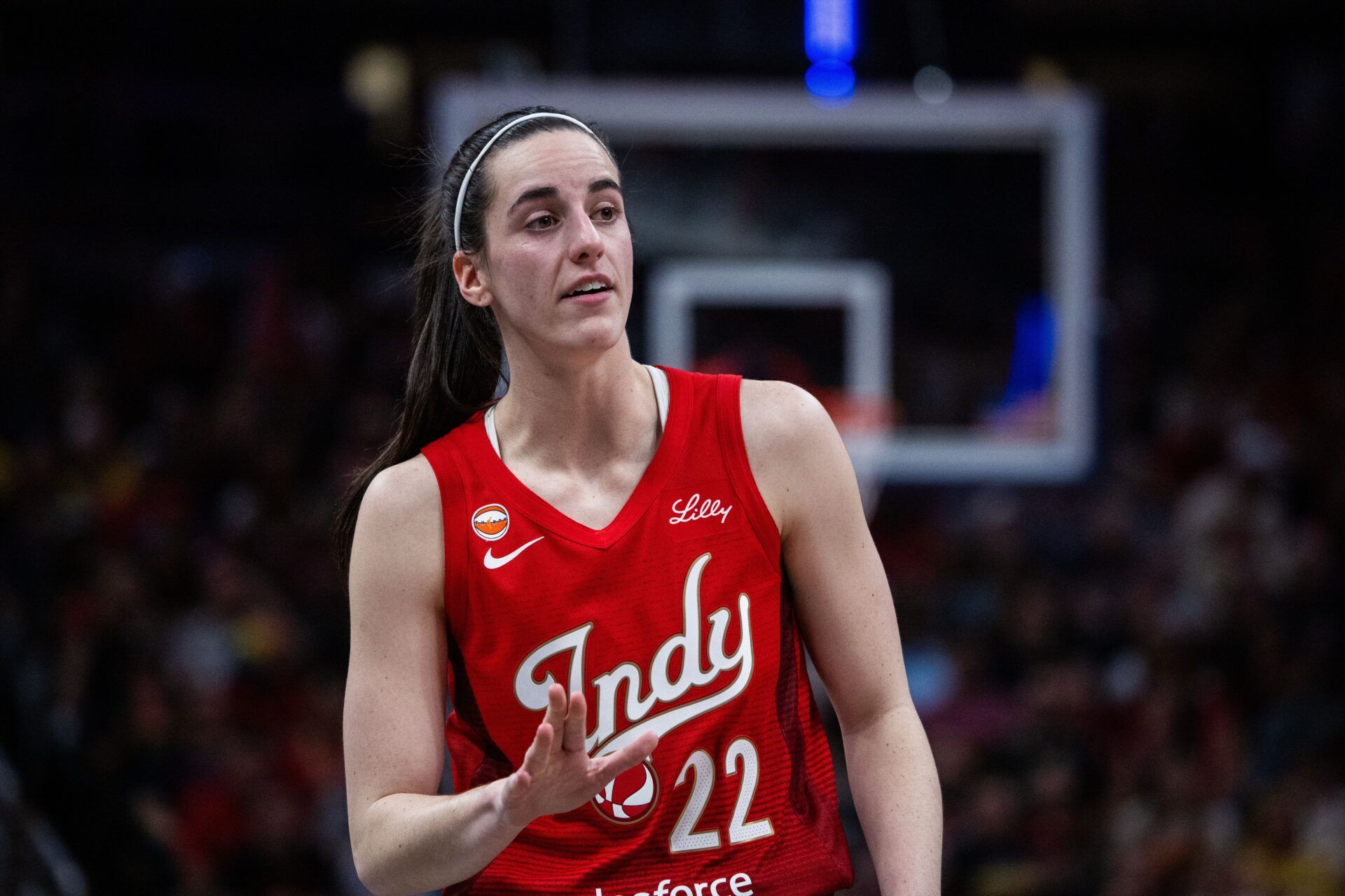 Indiana Fever guard Caitlin Clark (22) looks on during the second half against the Atlanta Dream at Gainbridge Fieldhouse.