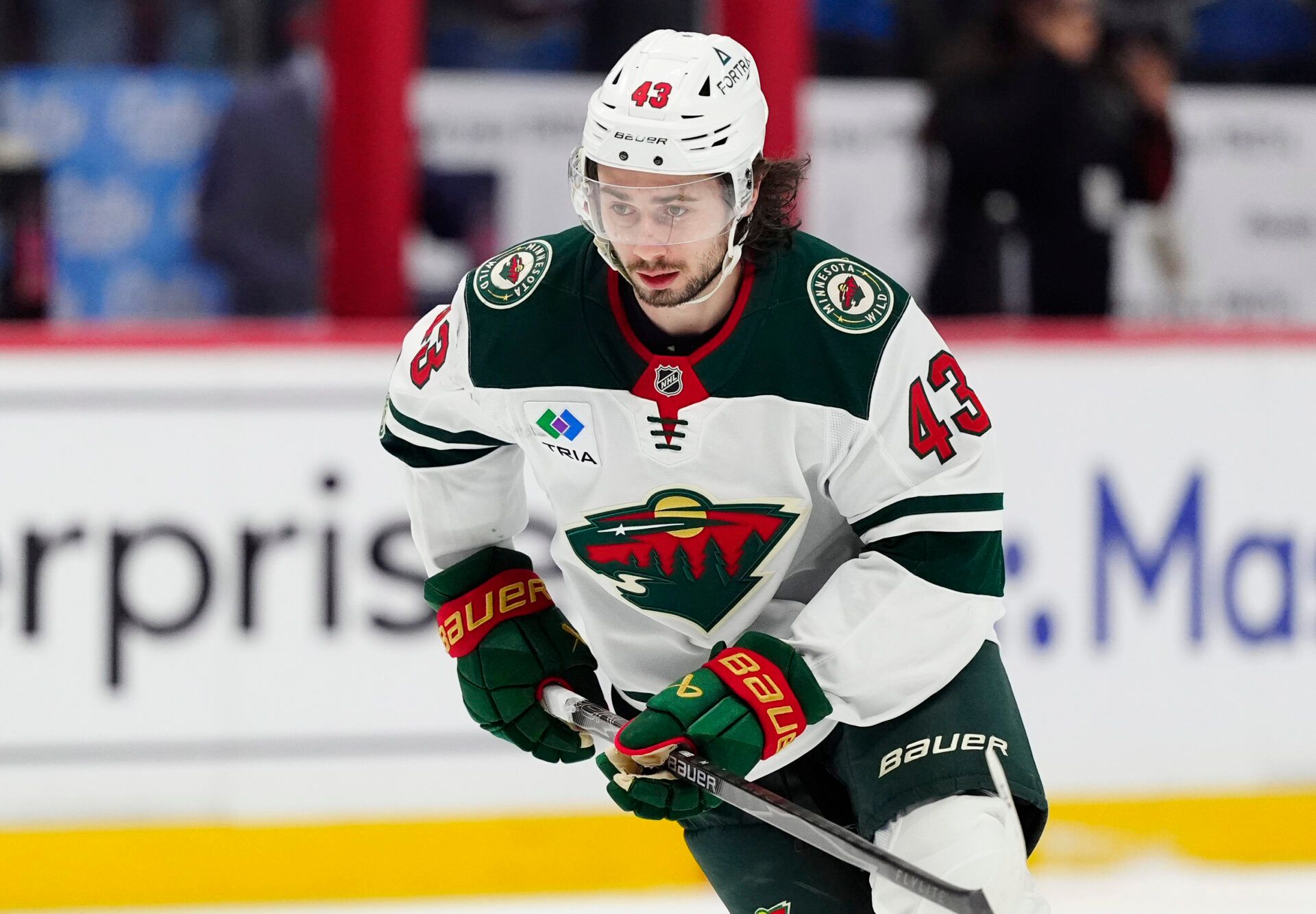 Minnesota Wild defenseman Quinn Hughes (43) warms up before game one against the Colorado Avalanche of the second round of the 2026 Stanley Cup Playoffs at Ball Arena.