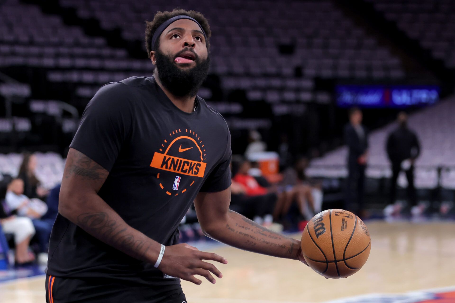 New York Knicks center Mitchell Robinson (23) warms up before game five of the first round of the 2026 NBA Playoffs against the Atlanta Hawks at Madison Square Garden.