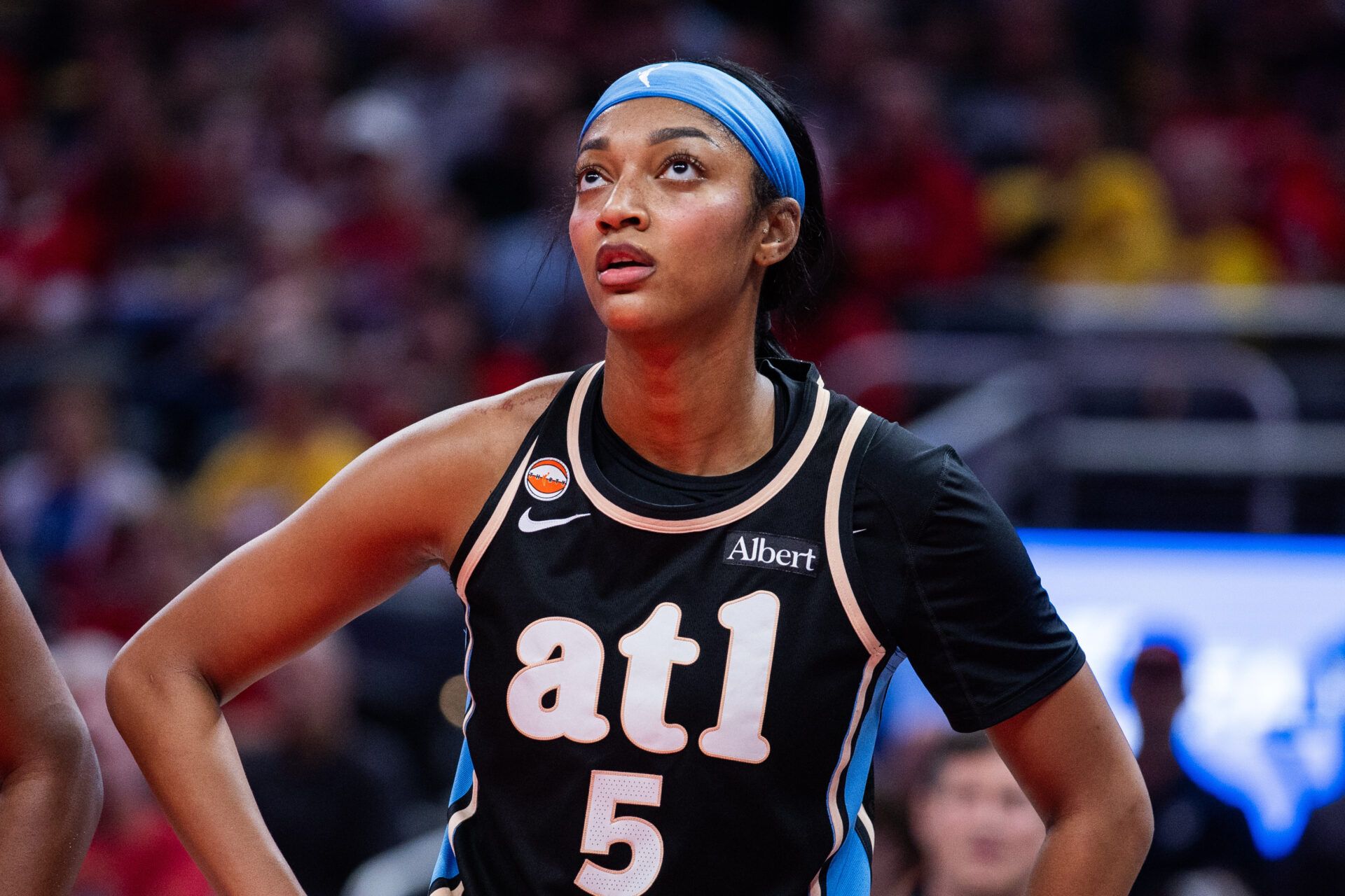 Atlanta Dream forward Angel Reese (5) looks on against the Indiana Fever during the first half at Gainbridge Fieldhouse.