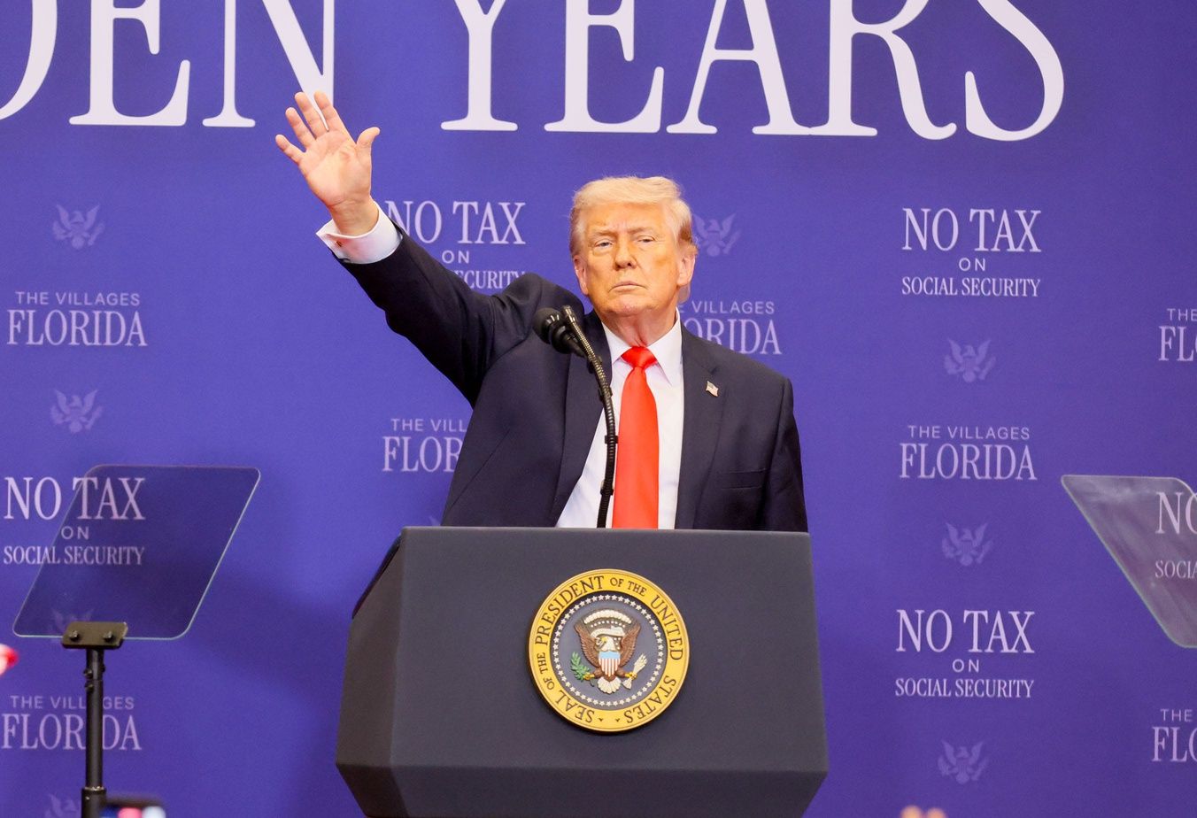 President Donald Trump winds up his speech at Middleton High School (The Villages Charter School) on May 1, 2026, in The Villages.