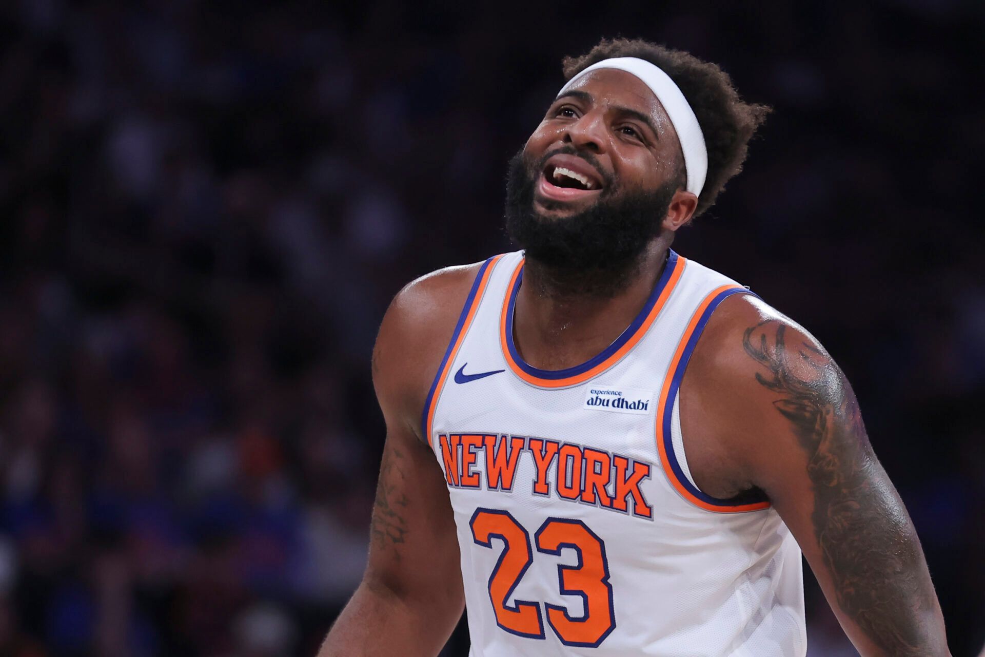 New York Knicks center Mitchell Robinson (23) reacts to missing a free throw against the Cleveland Cavaliers during the third quarter of game one of the eastern conference finals during the 2026 NBA playoffs at Madison Square Garden.