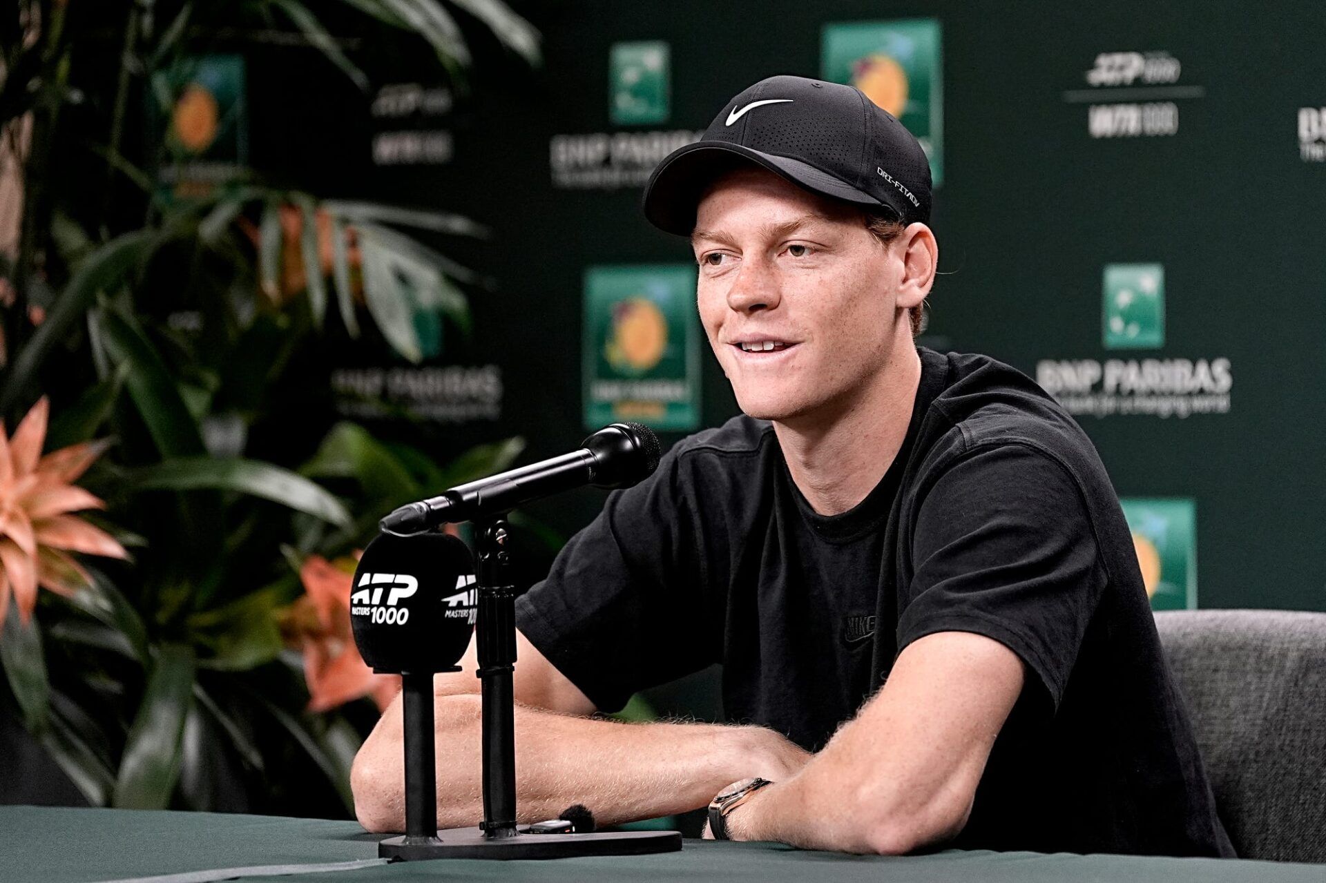 Jannik Sinner speaks to the media during a BNP Paribas Open press conference at the Indian Wells Tennis Garden in Indian Wells, Calif., on Tuesday, March 3, 2026.