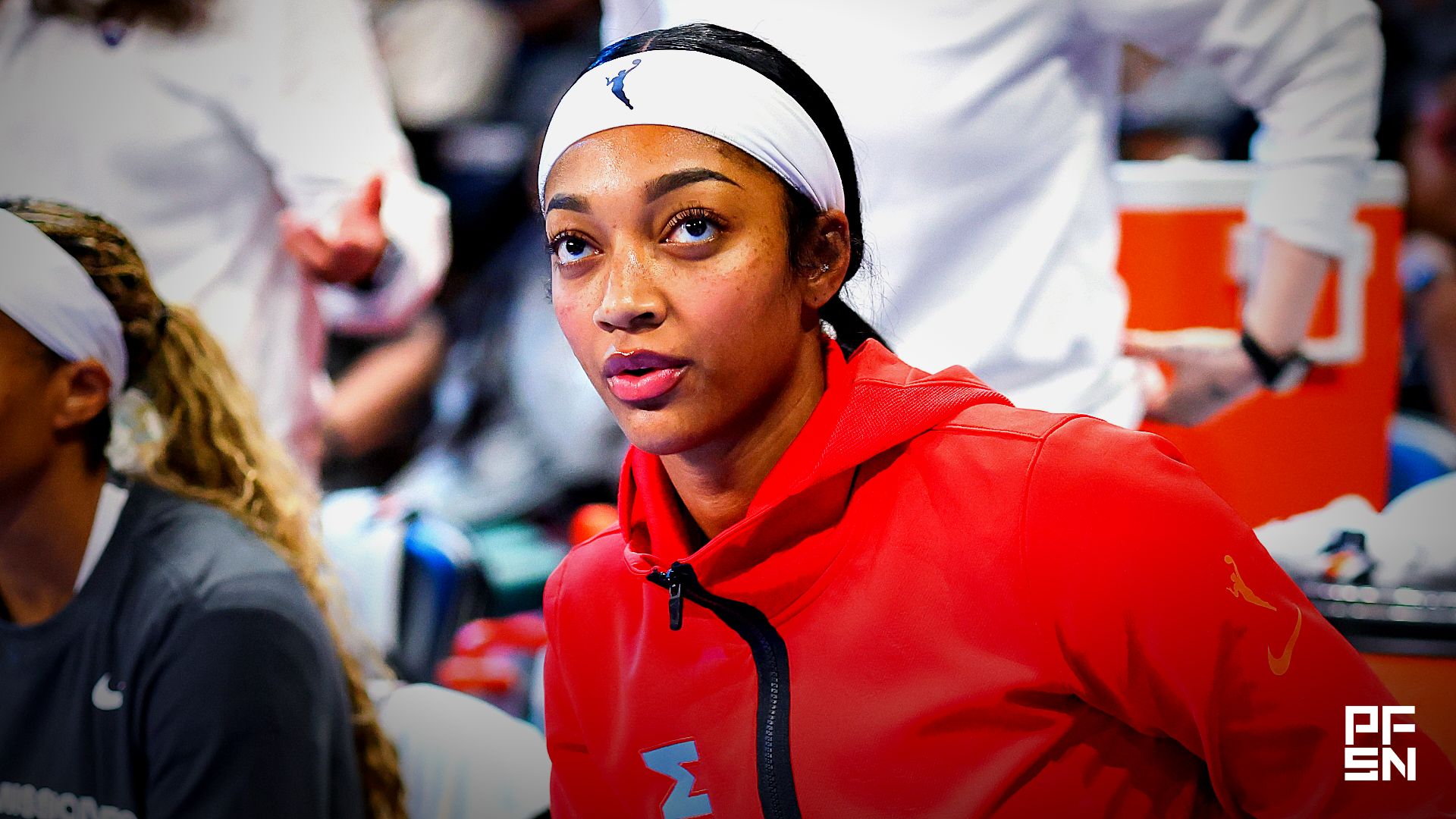 Atlanta Dream forward Angel Reese (5) on the bench before a game against the Connecticut Sun at Gateway Center Arena at College Park.