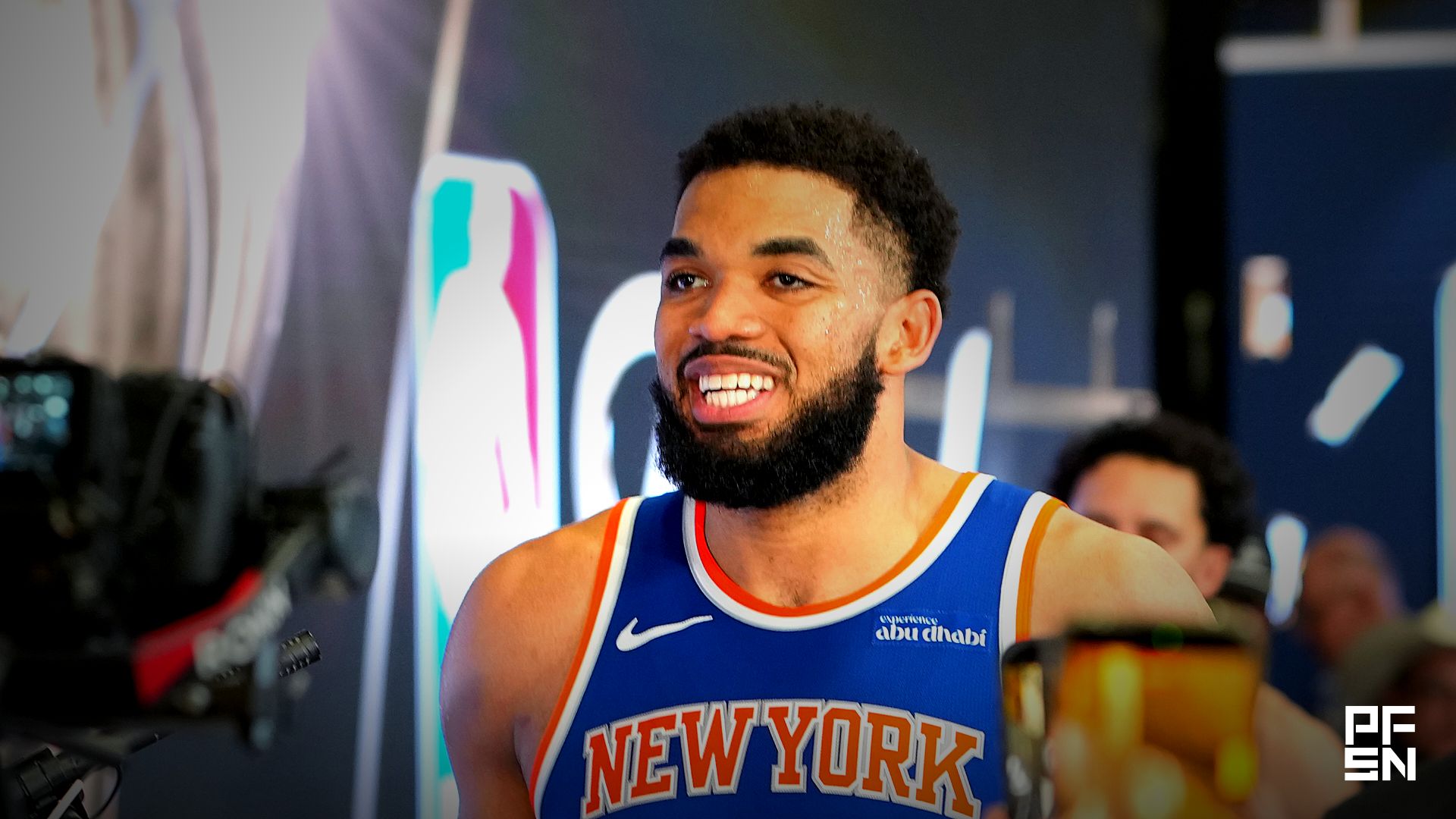 New York Knicks center Karl-Anthony Towns (32) reacts after game two of the 2026 NBA Finals at Frost Bank Center.