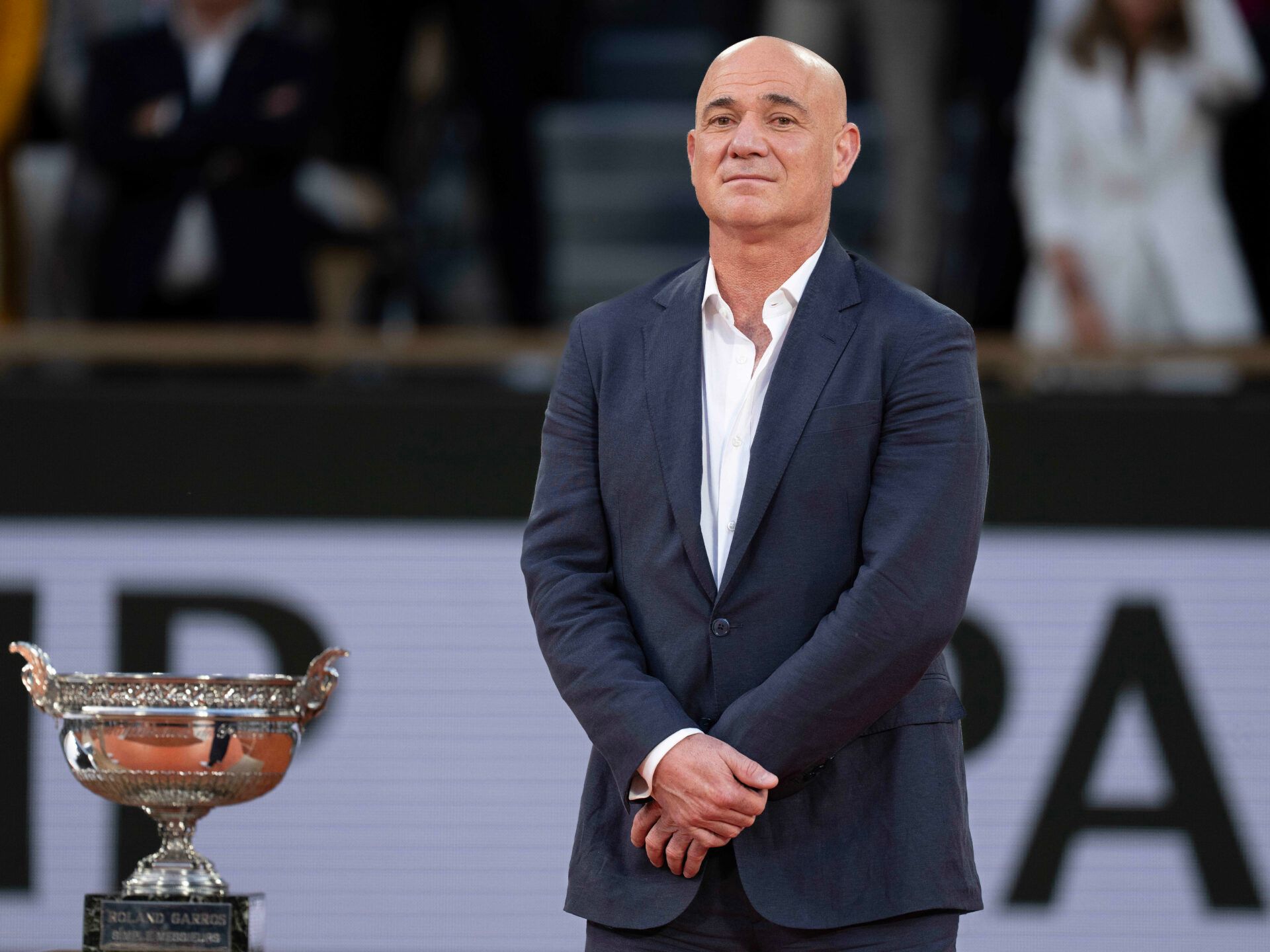 Andre Agassi at the trophy presentation for the Carlos Alcaraz of Spain and Jannik Sinner of Italy men’s singles final match on day 15 at Roland Garros Stadium.