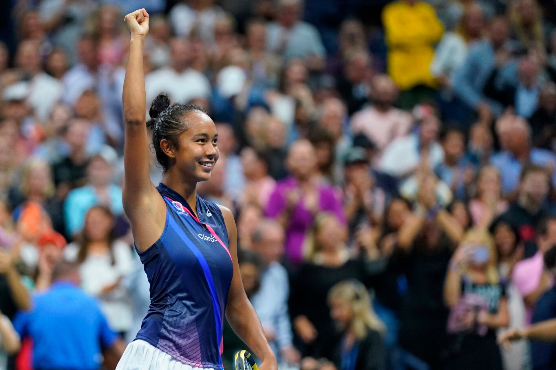 Leylah Fernandez of Canada celebrates after her match against Aryna Sabalenka of Belarus (not pictured) on day eleven of the 2021 U.S. Open tennis tournament at USTA Billie Jean King National Tennis Center.