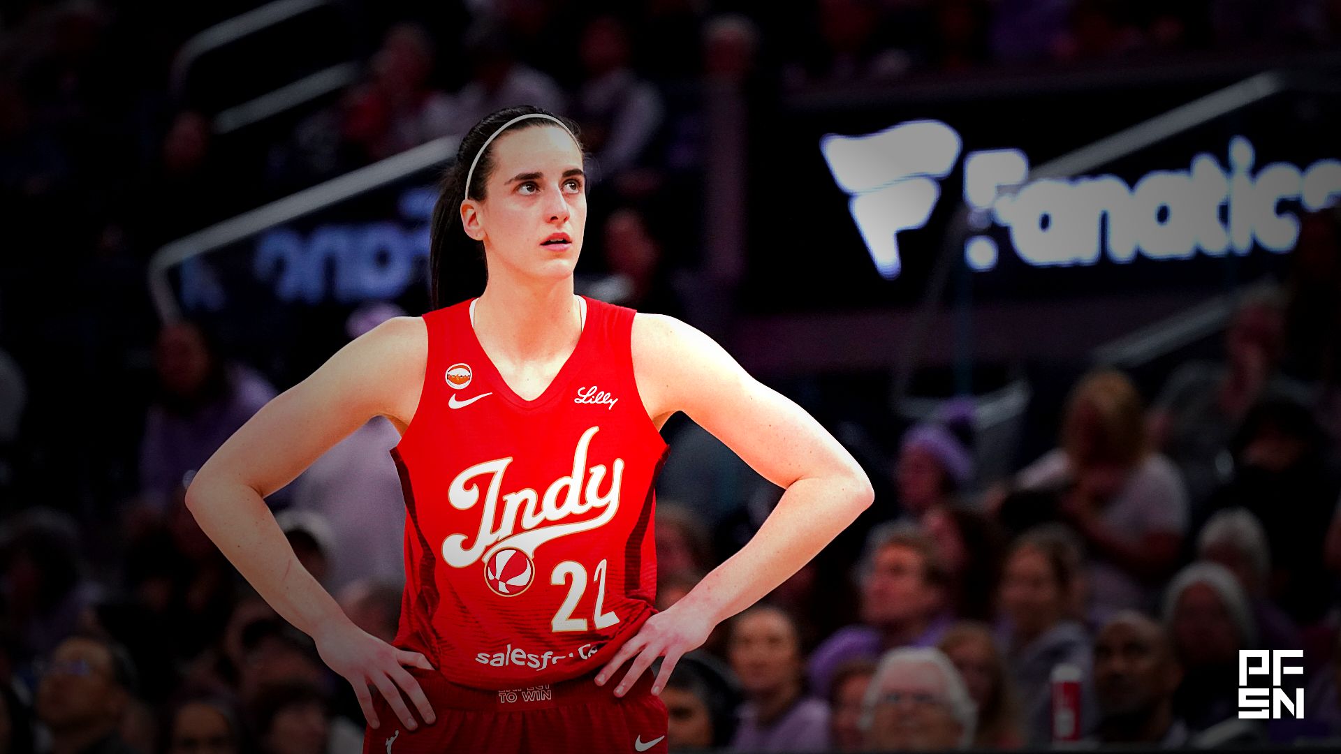 Indiana Fever guard Caitlin Clark (22) waits for play to resume against the Golden State Valkyries in the third quarter at Chase Center.