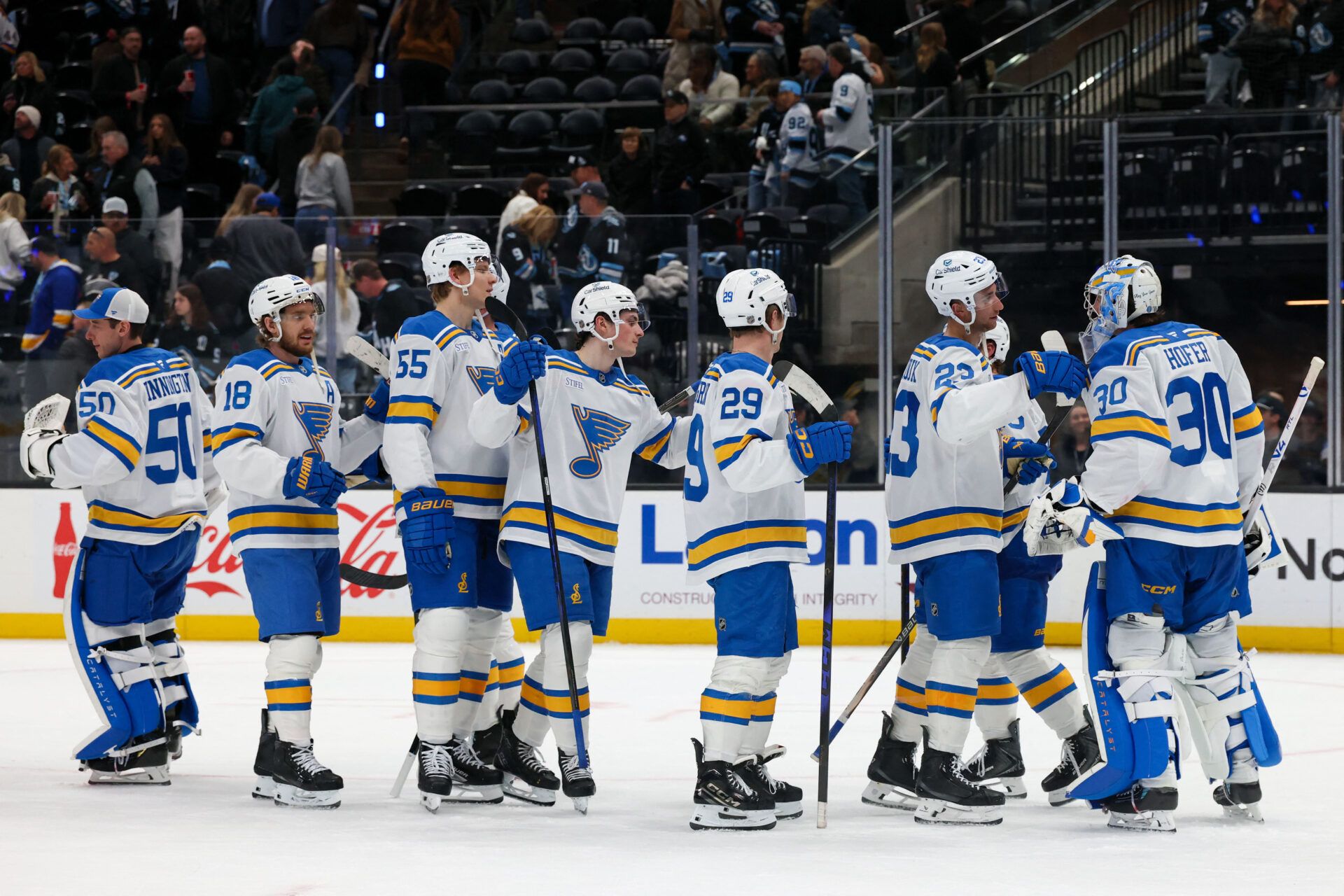 The St. Louis Blues celebrate at Delta Center.