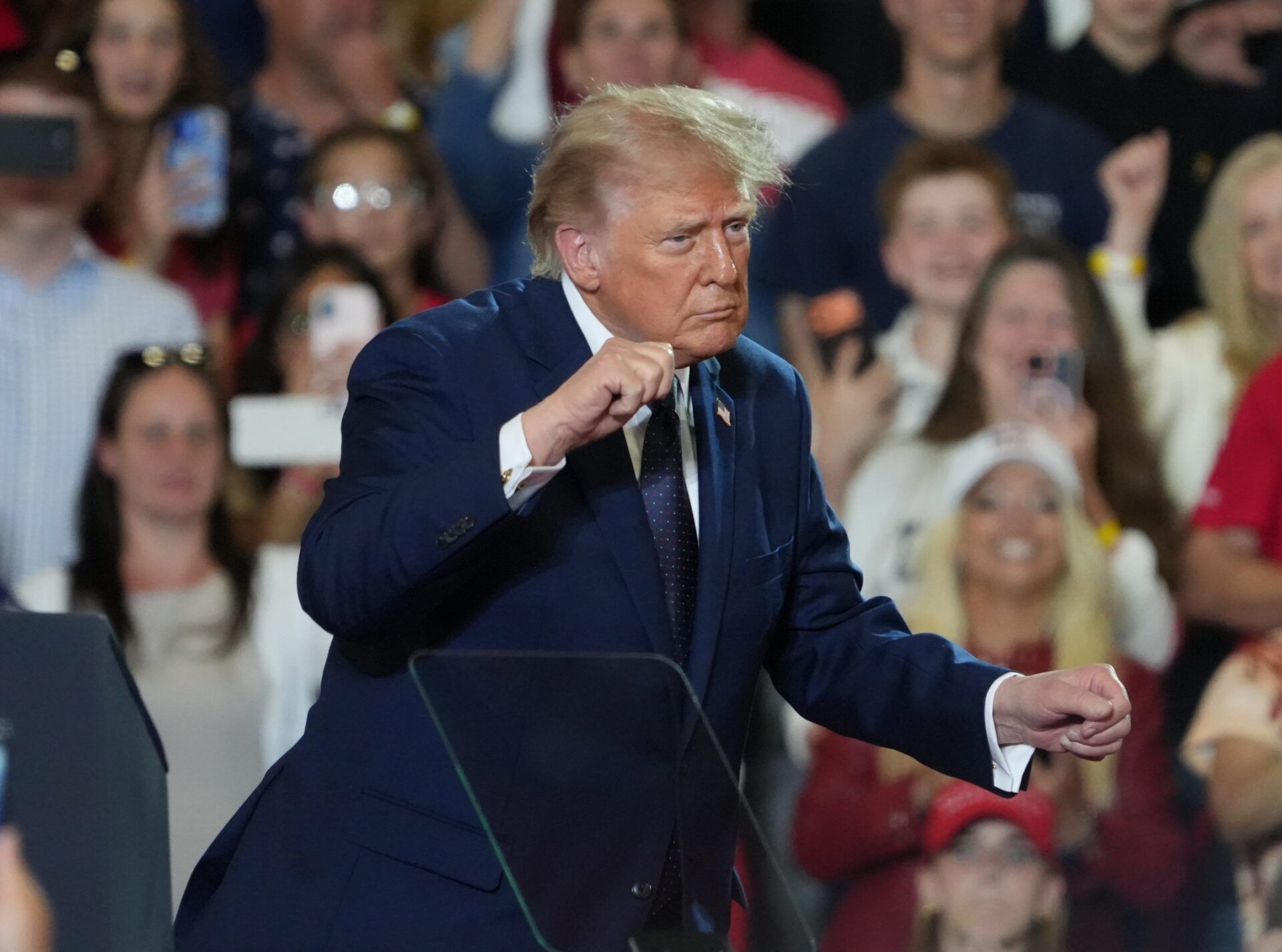 President Donald J. Trump dances his way out rally in the fieldhouse at Rockland Community College May 22, 2026.