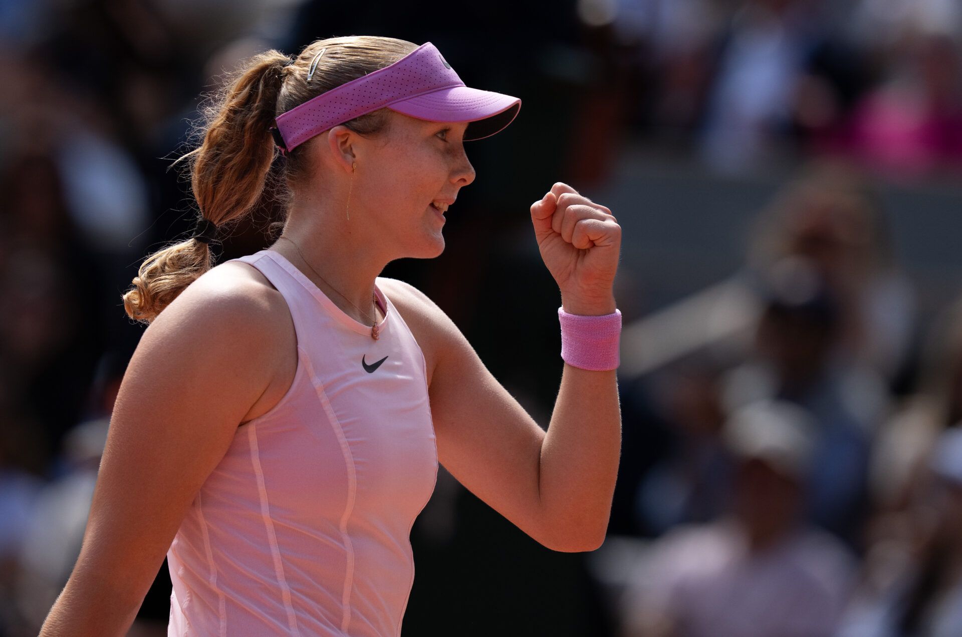Mirra Andreeva reacts during the womenÕs singles final against Maja Chwalinska of Poland on day 14 at Stade Roland Garros.