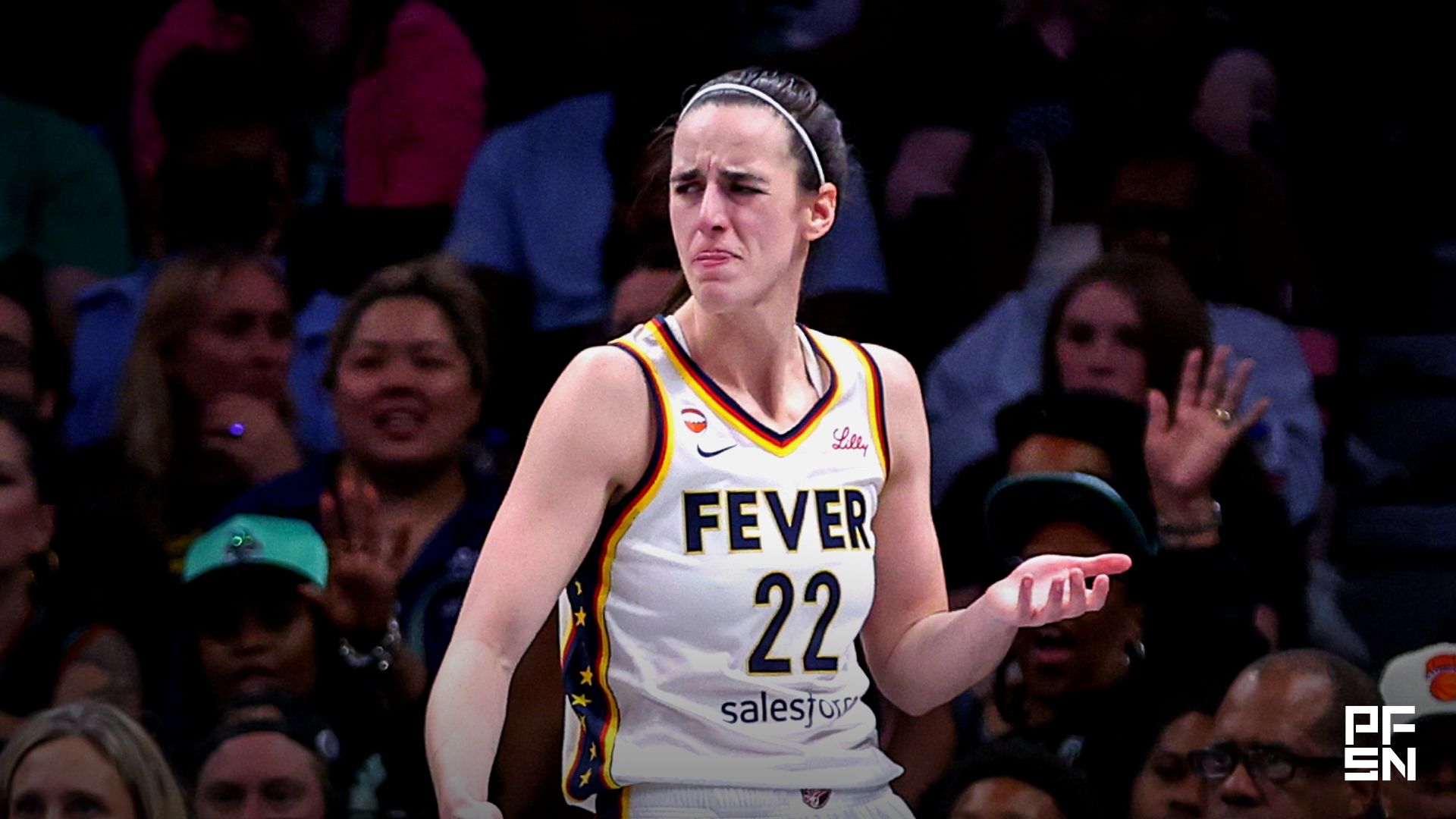 Indiana Fever guard Caitlin Clark (22) reacts after getting fouled in the third quarter against the New York Liberty at Barclays Center.