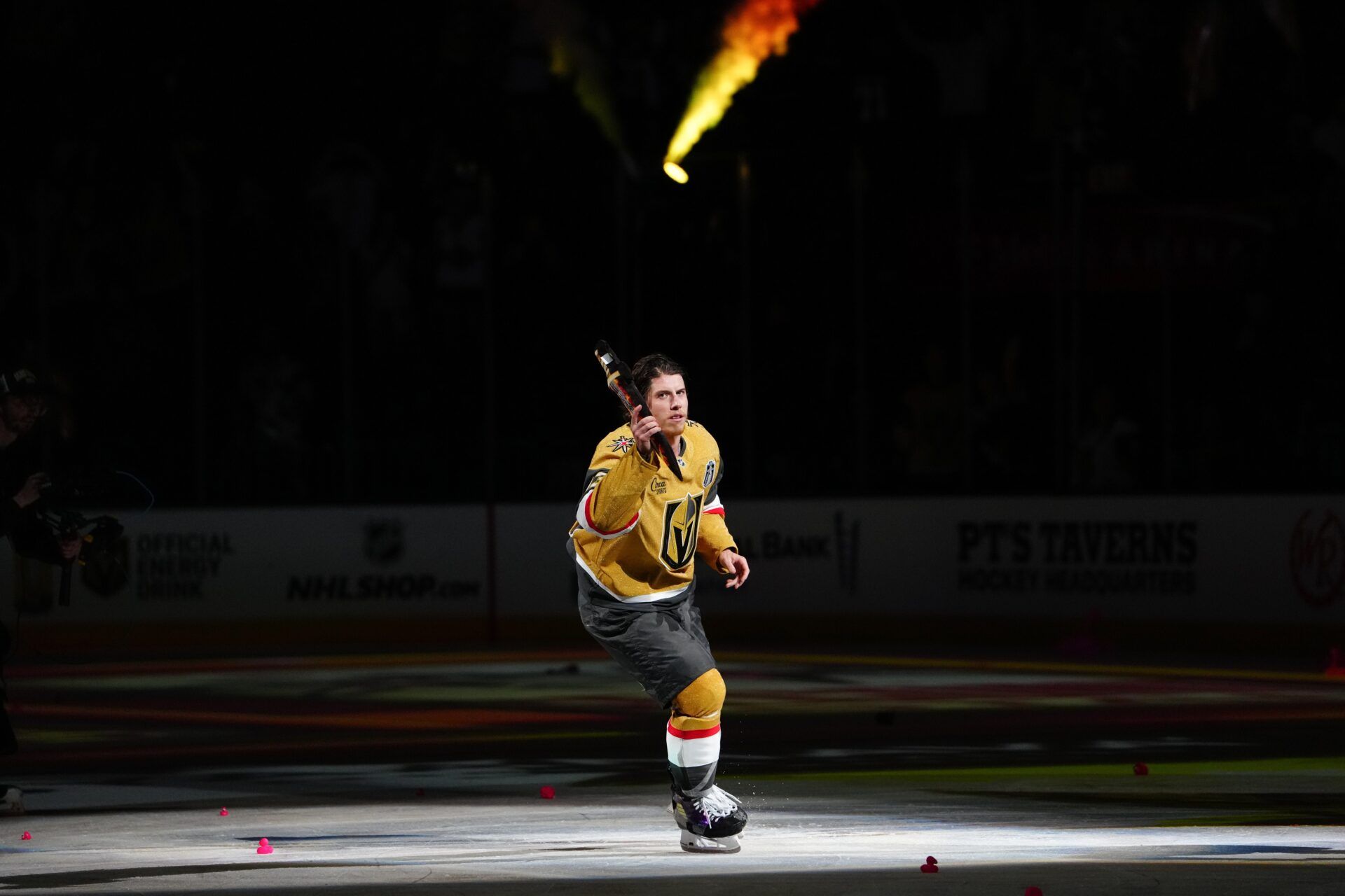 Vegas Golden Knights right wing Mitch Marner (93) celebrates after a double overtime win against the Carolina Hurricanes in game three of the 2026 Stanley Cup Final at T-Mobile Arena.
