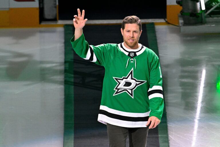 Former player Joe Pavelski is introduced before the game between the Dallas Stars and the Minnesota Wild at the American Airlines Center.