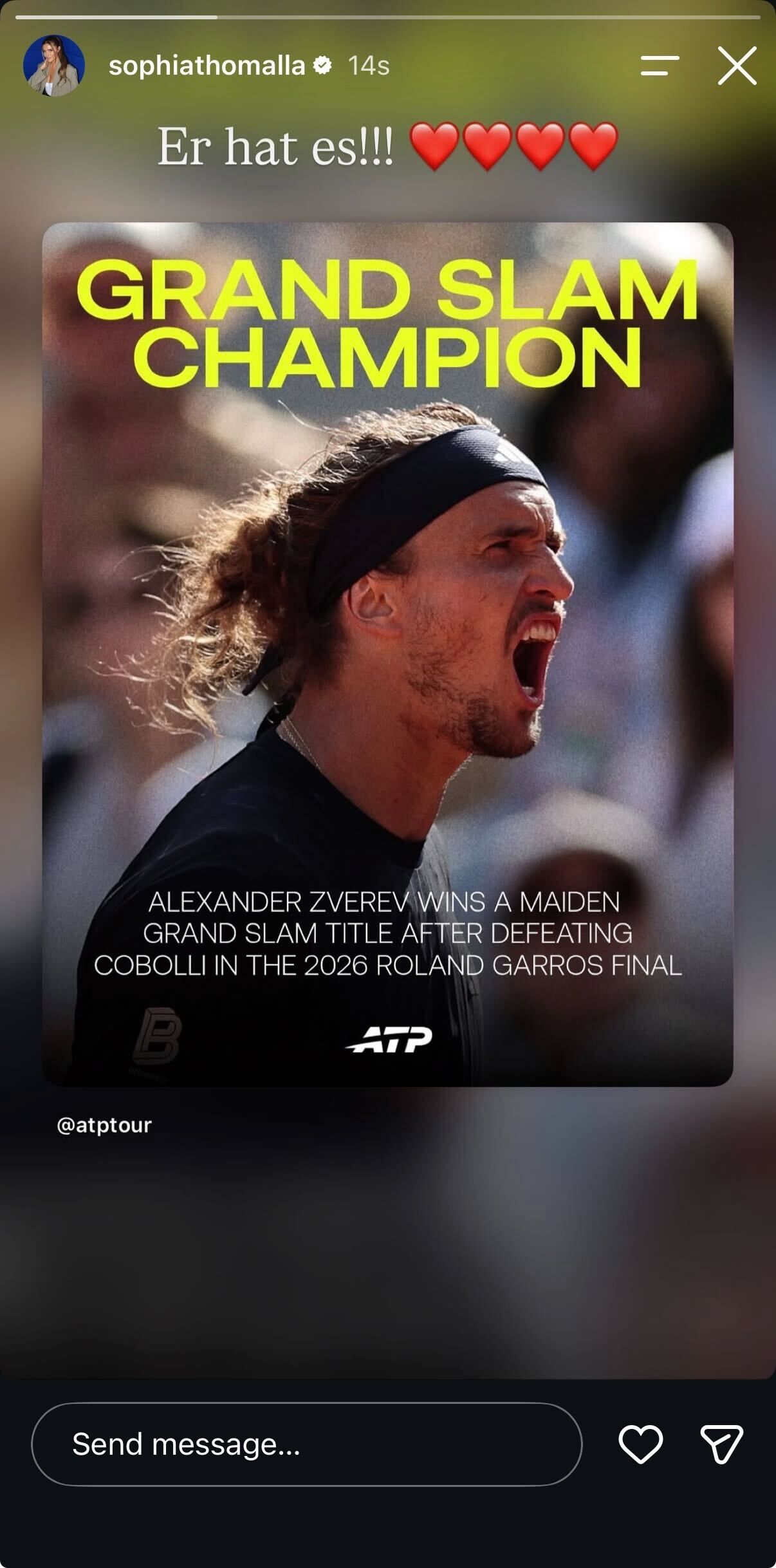 Alexander Zverev's Girlfriend Sophia Thomalla's Instagram Story