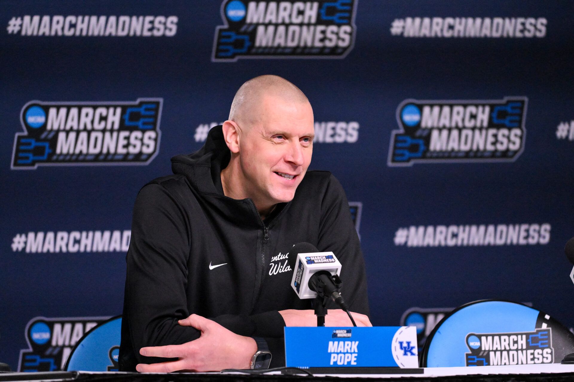 Kentucky Wildcats head coach Mark Pope talks with the media during a practice session ahead of the first round of the men's 2026 NCAA Tournament at Enterprise Center.